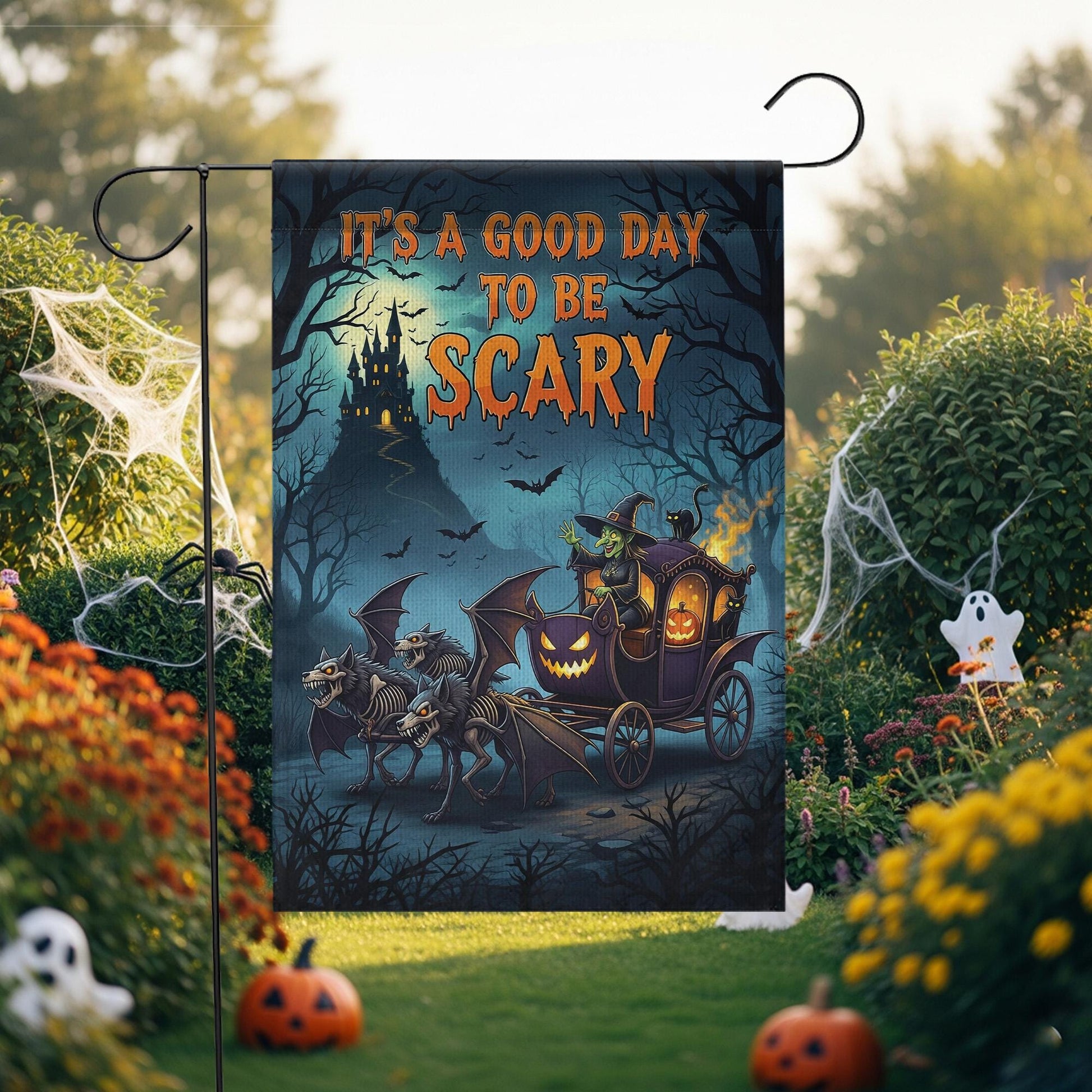 Scary Halloween Garden Flag - Haunted Carriage Pumpkin Decor - Spooky Skeleton Horse Yard Sign - Gothic Fall Outdoor Decoration