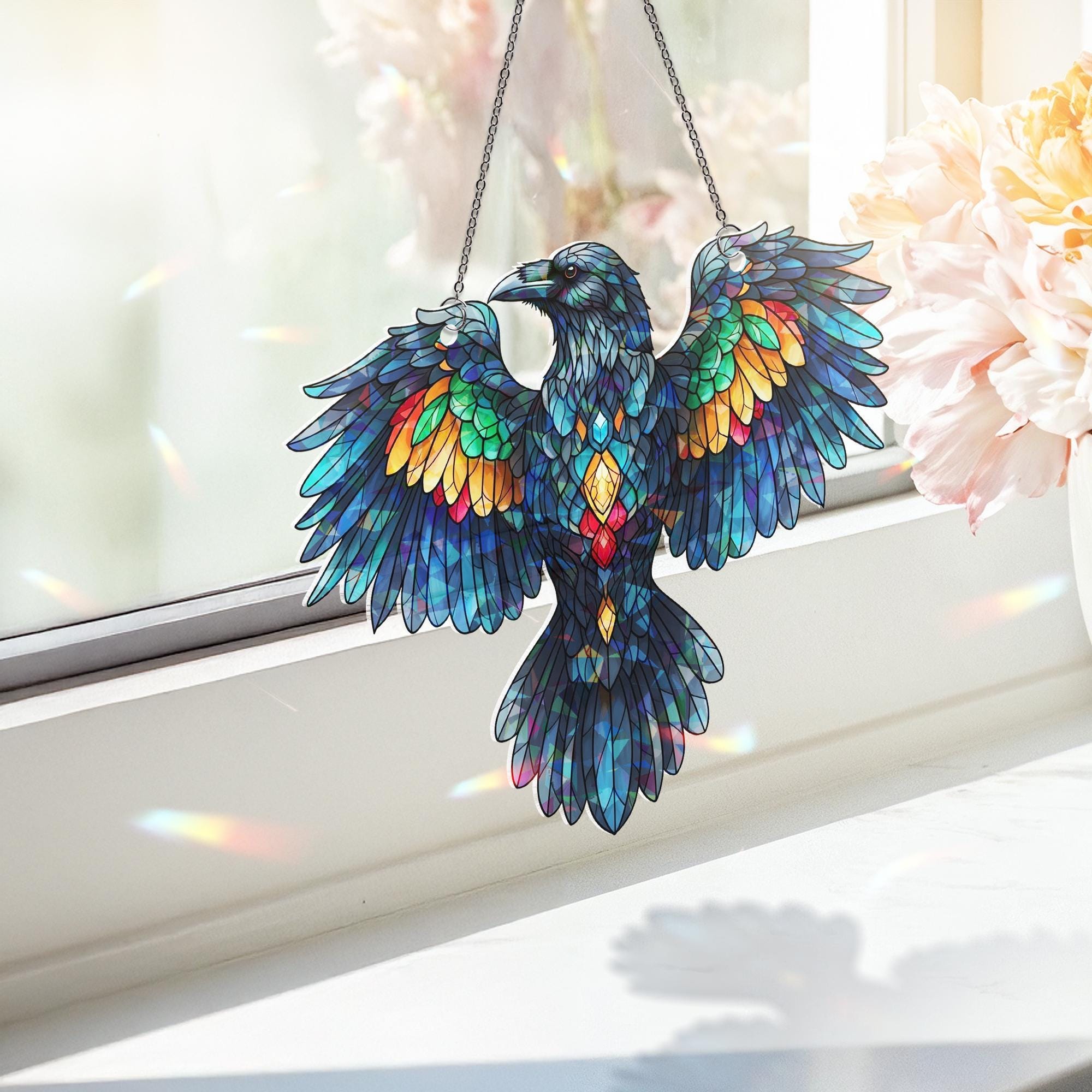 Stained Glass Raven Suncatcher – Gothic Window Hanging Bird Decor – Colorful Crow Sun Catcher Gift – Boho Raven Ornament