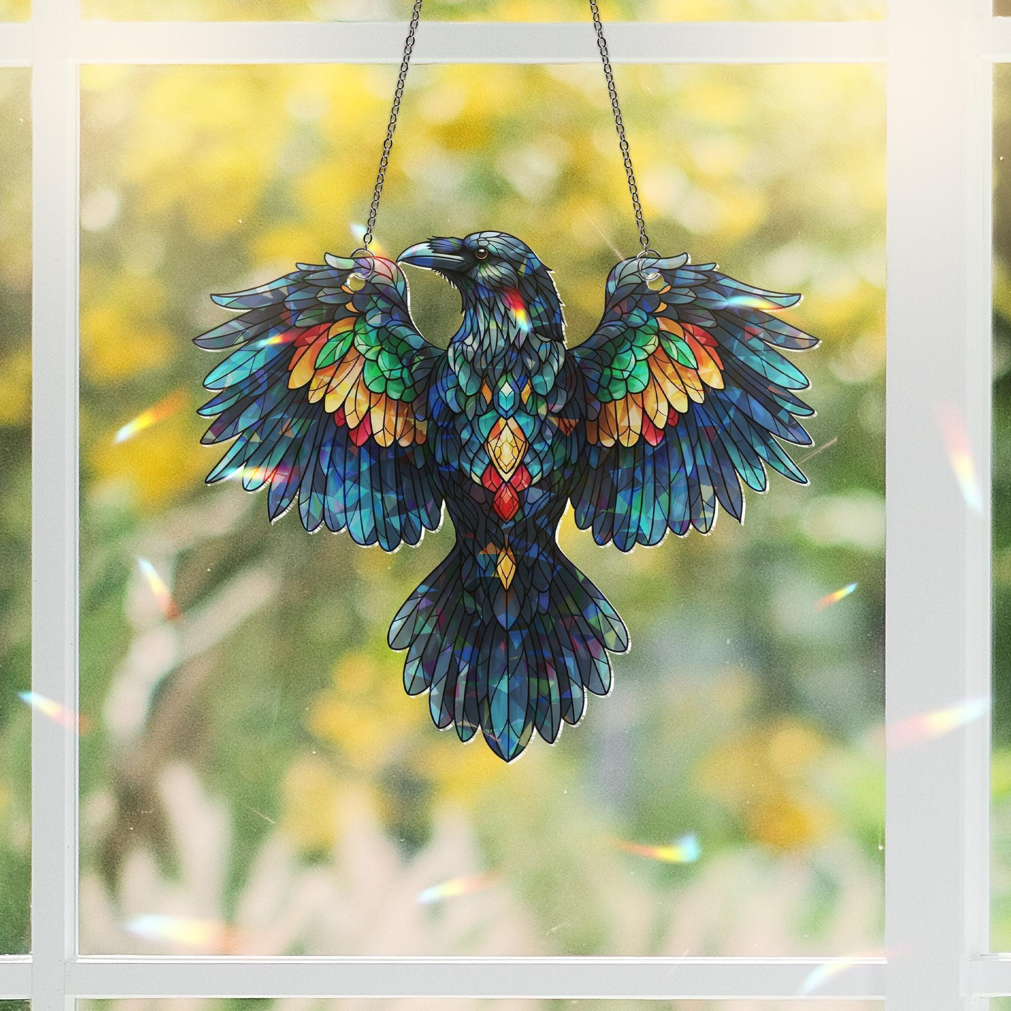 Stained Glass Raven Suncatcher – Gothic Window Hanging Bird Decor – Colorful Crow Sun Catcher Gift – Boho Raven Ornament