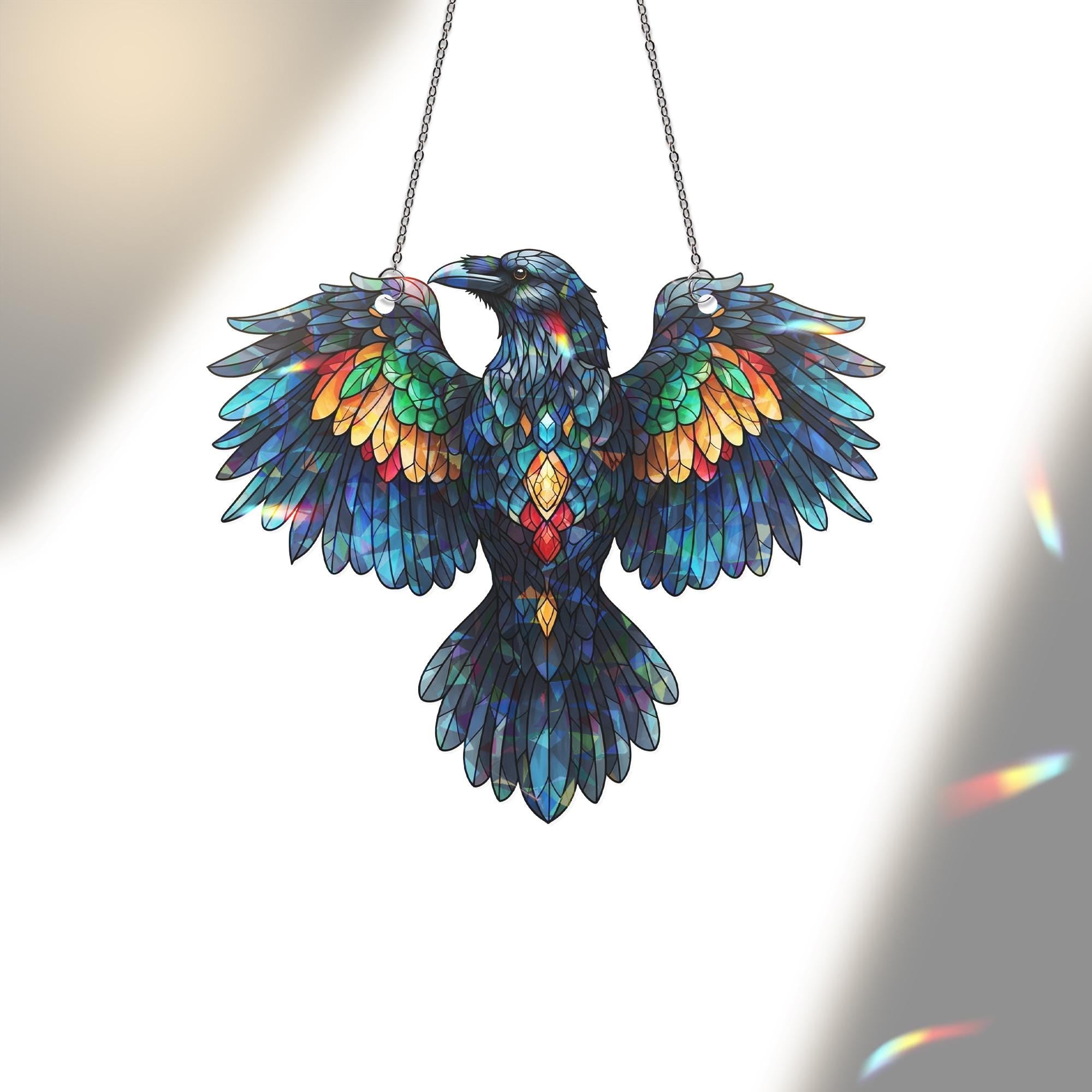 Stained Glass Raven Suncatcher – Gothic Window Hanging Bird Decor – Colorful Crow Sun Catcher Gift – Boho Raven Ornament