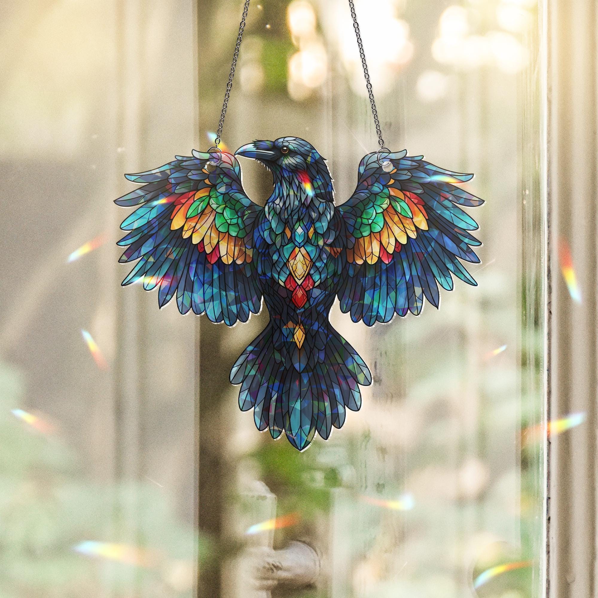Stained Glass Raven Suncatcher – Gothic Window Hanging Bird Decor – Colorful Crow Sun Catcher Gift – Boho Raven Ornament