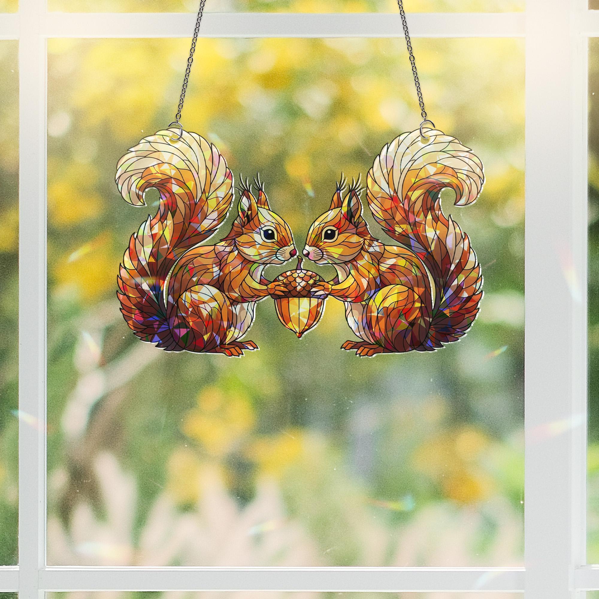 Stained Glass Squirrel Suncatcher – Fall Window Hanging Decor – Autumn Acorn Couple Gift – Woodland Animal Sun Catcher Ornament