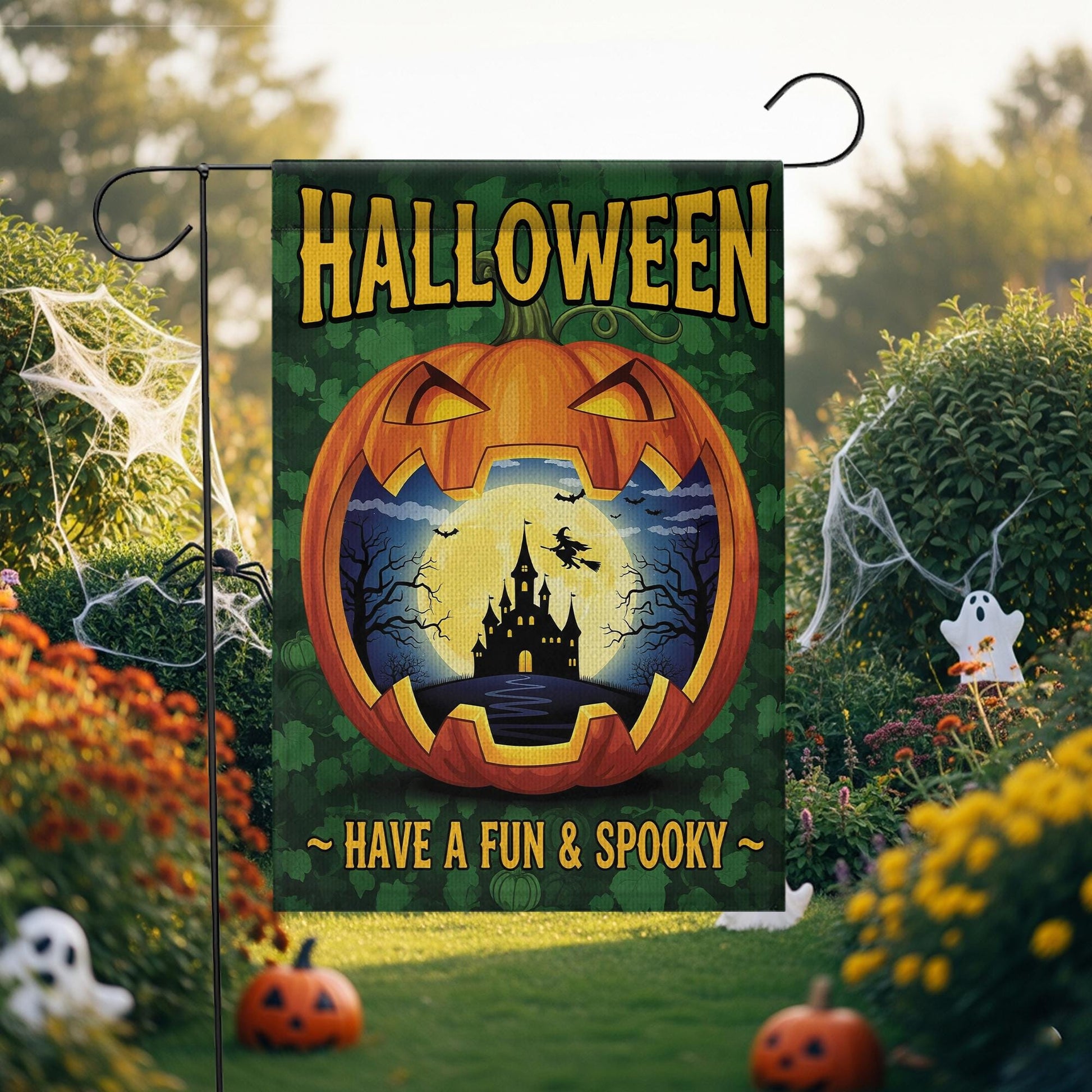 Fun Spooky Halloween Garden Flag - Jack O’Lantern Haunted Castle Yard Sign - Cute Fall Outdoor Decoration