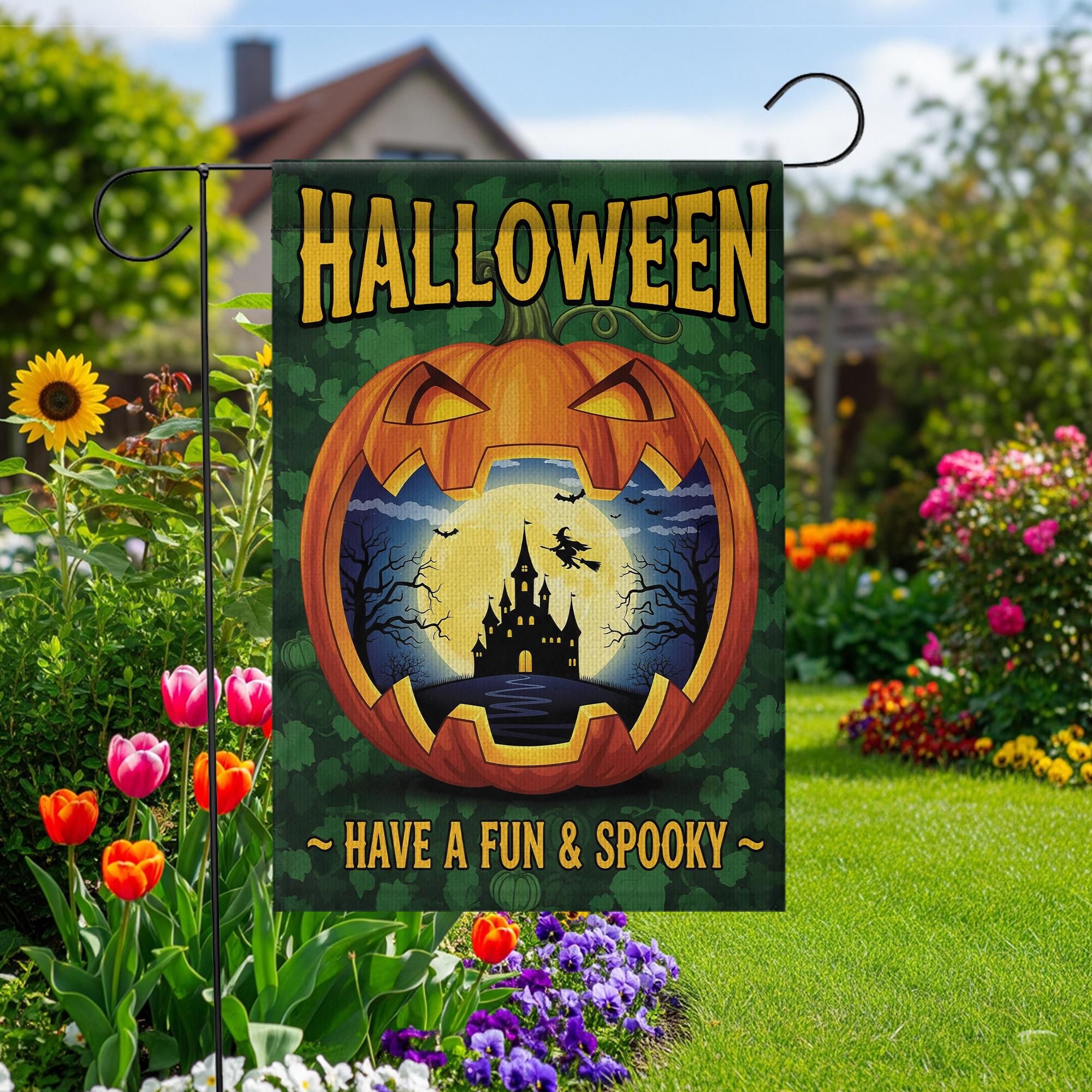 Fun Spooky Halloween Garden Flag - Jack O’Lantern Haunted Castle Yard Sign - Cute Fall Outdoor Decoration