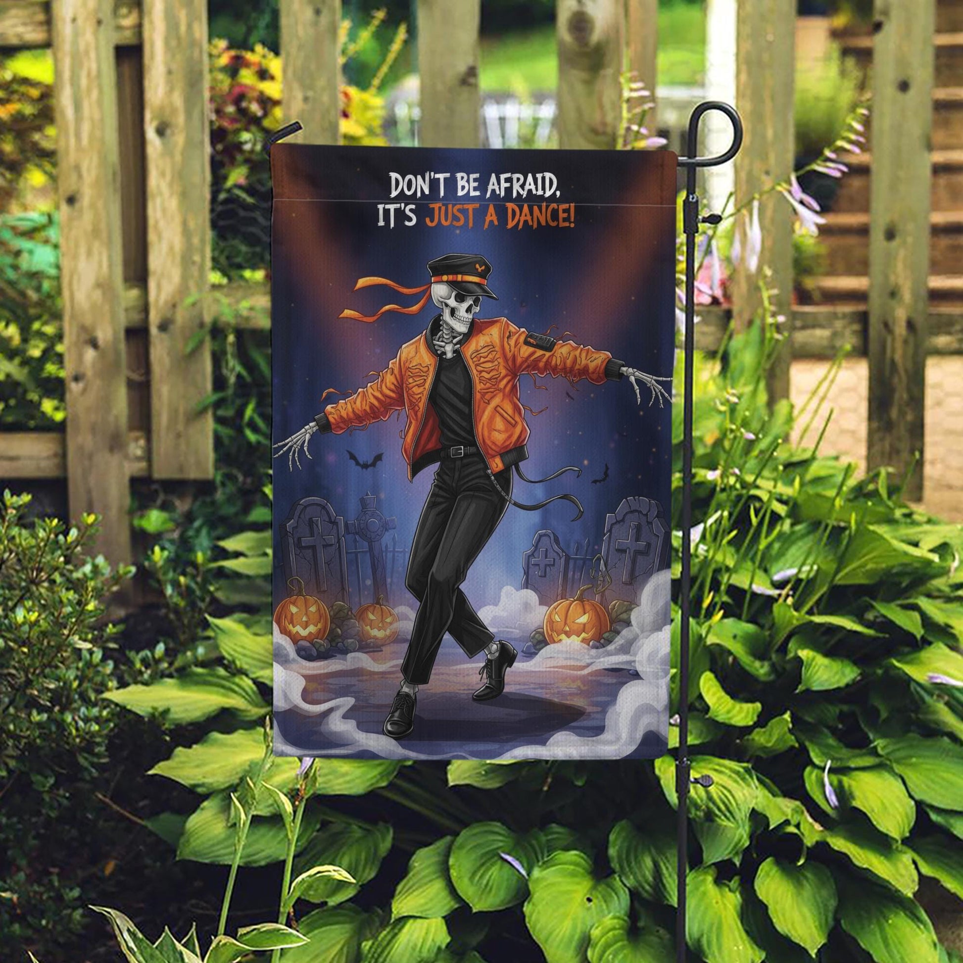 Dancing Skeleton Halloween Garden Flag - Funny Thriller Graveyard Yard Decor - Spooky Cute Outdoor Fall Decoration