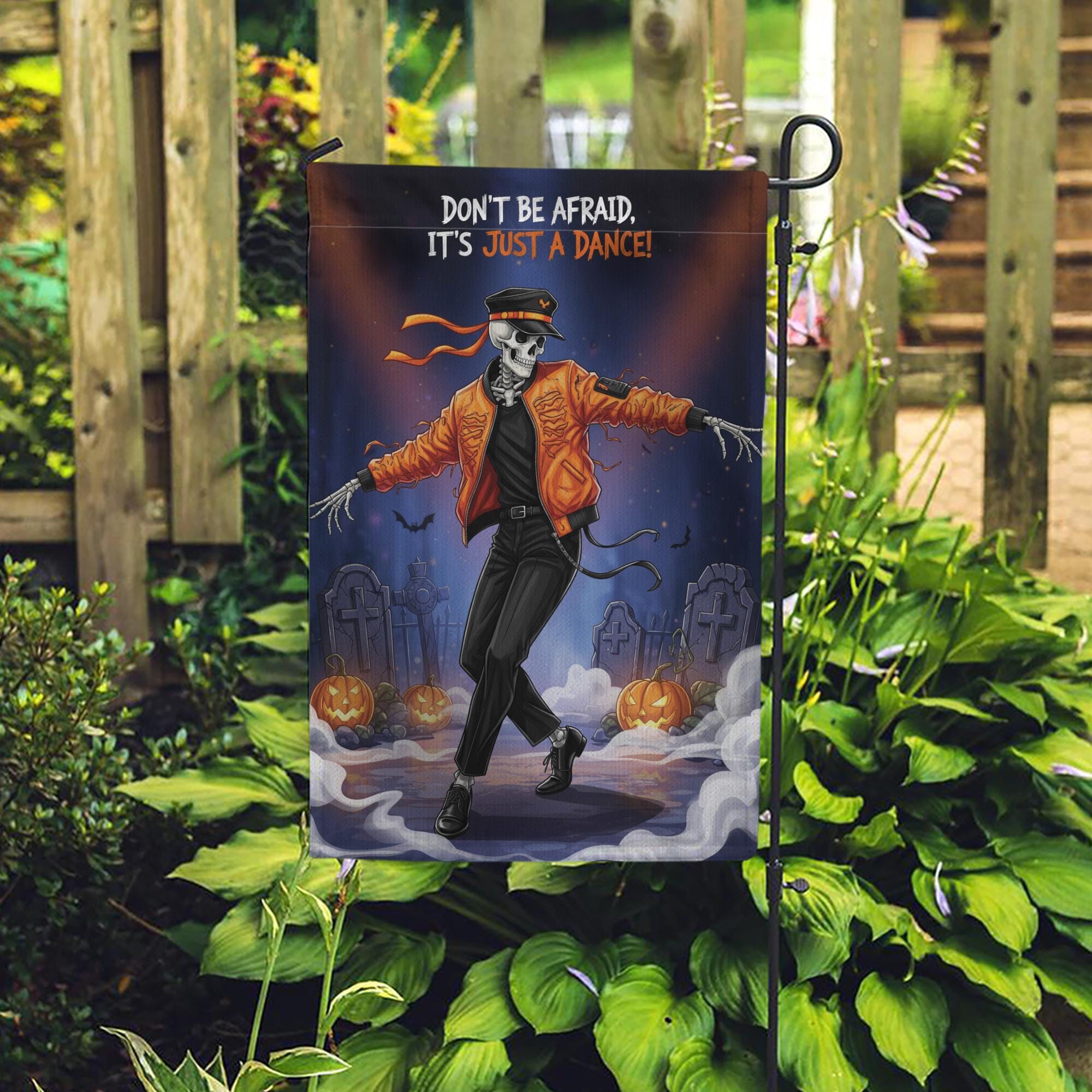 Dancing Skeleton Halloween Garden Flag - Funny Thriller Graveyard Yard Decor - Spooky Cute Outdoor Fall Decoration