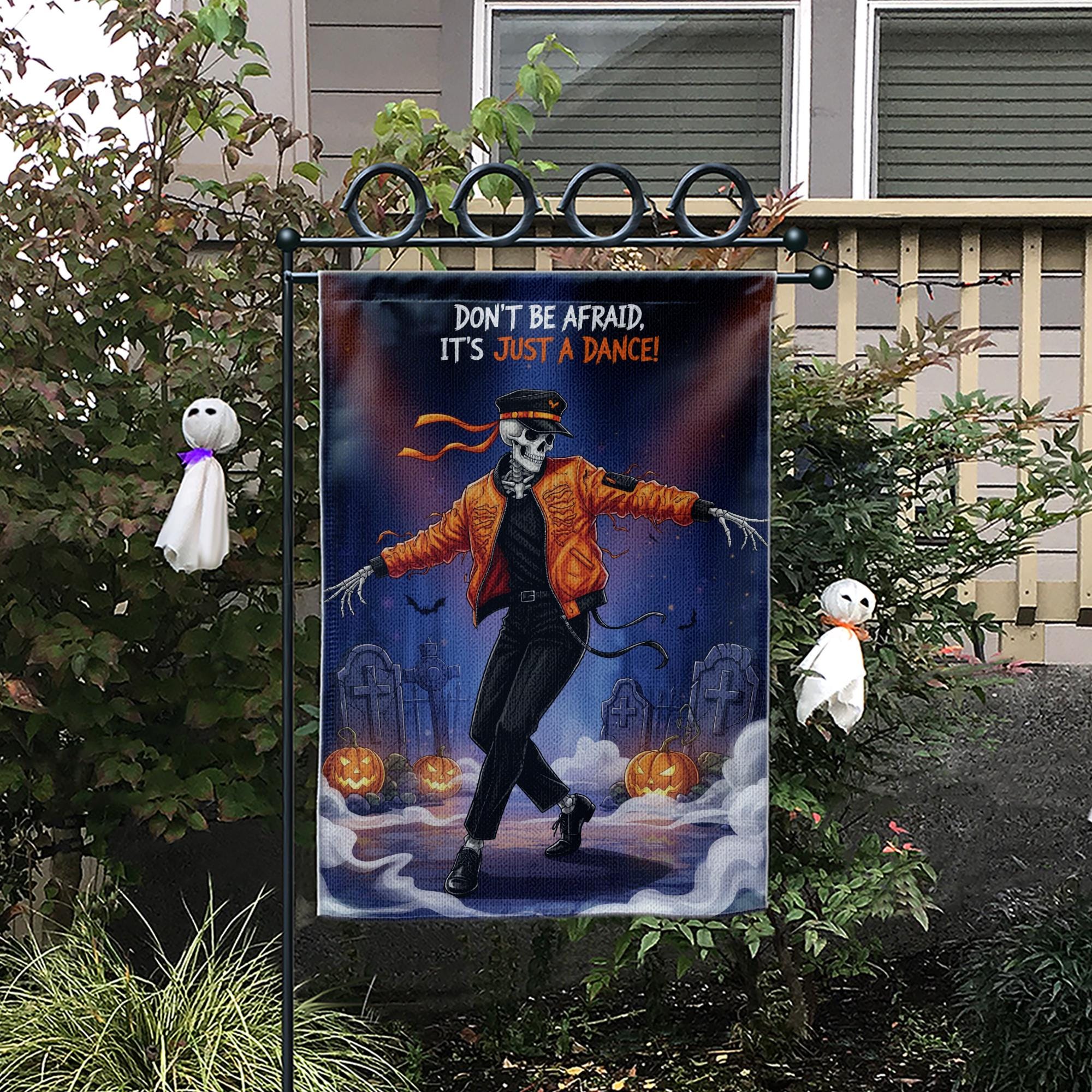 Dancing Skeleton Halloween Garden Flag - Funny Thriller Graveyard Yard Decor - Spooky Cute Outdoor Fall Decoration
