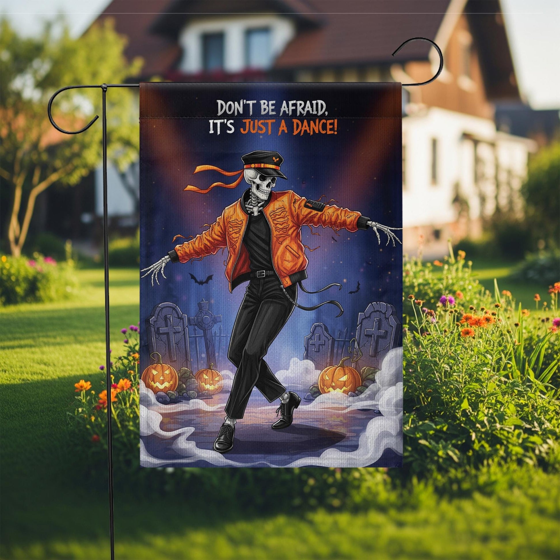 Dancing Skeleton Halloween Garden Flag - Funny Thriller Graveyard Yard Decor - Spooky Cute Outdoor Fall Decoration