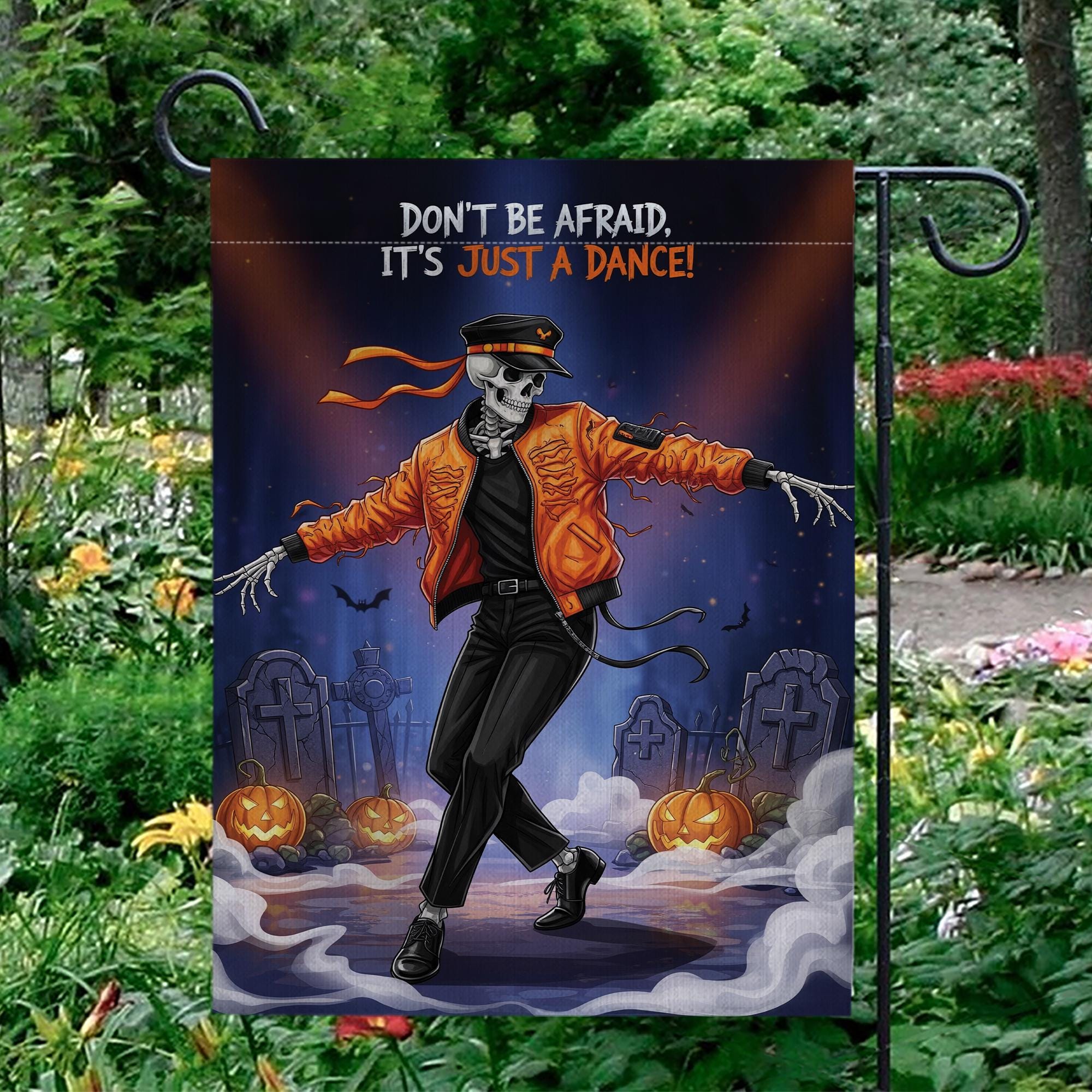 Dancing Skeleton Halloween Garden Flag - Funny Thriller Graveyard Yard Decor - Spooky Cute Outdoor Fall Decoration