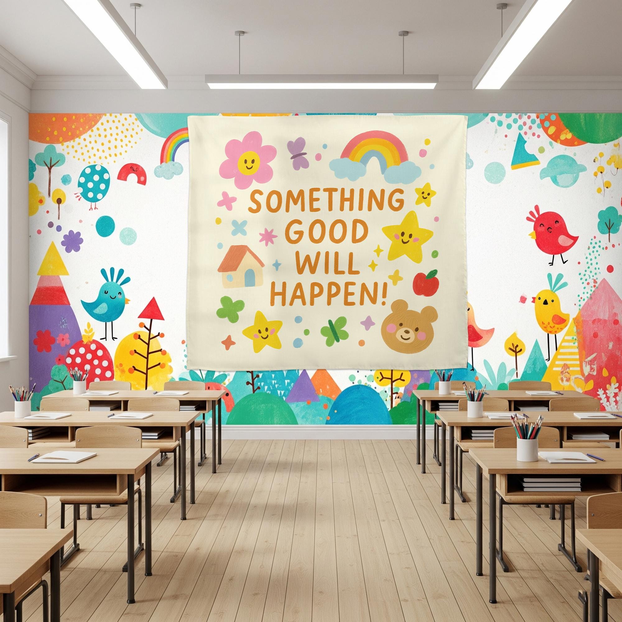 Something Good Will Happen Tapestry Wall Art – Cute Positive Classroom Banner for Kids, Preschool, Daycare, or Teacher Back to School Decor