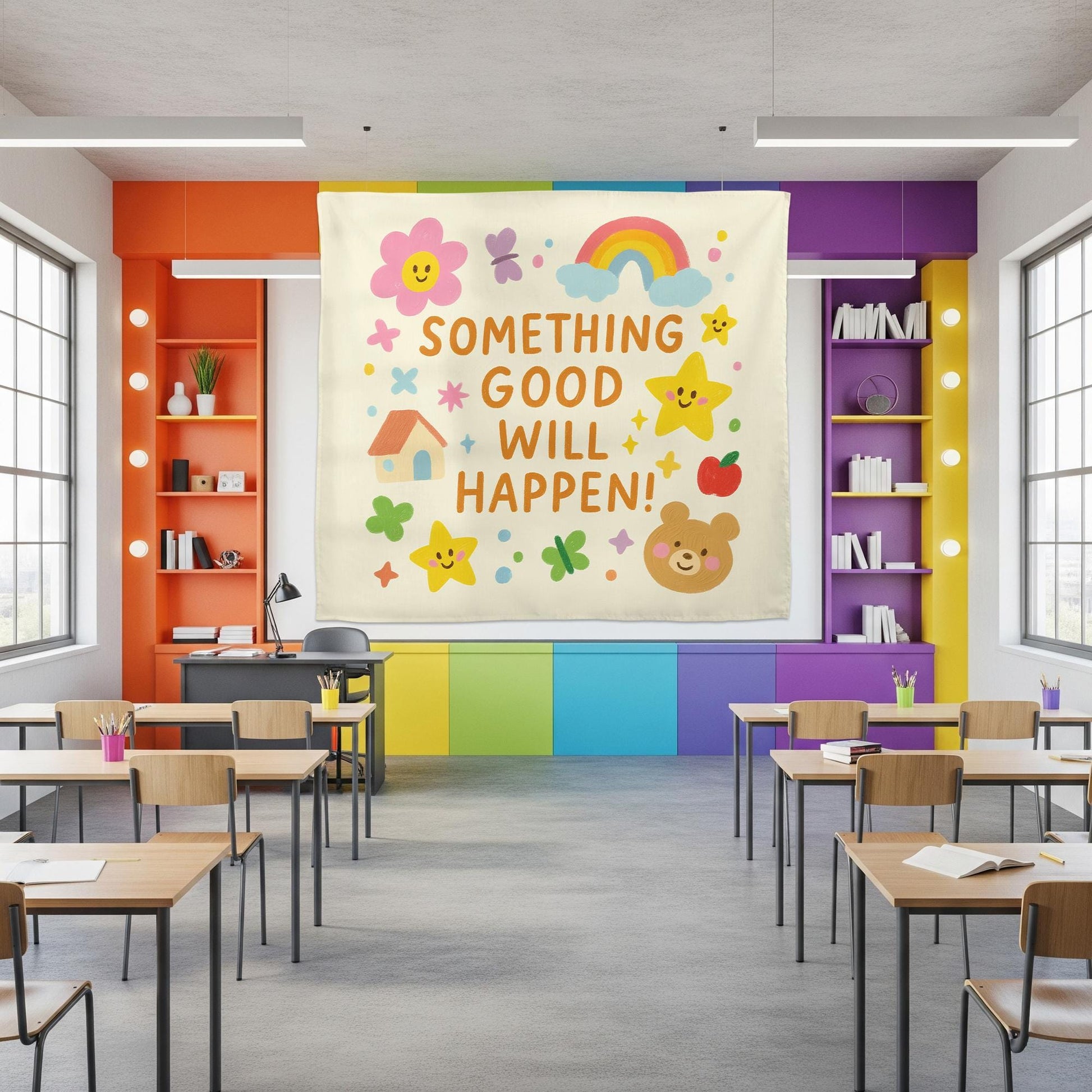 Something Good Will Happen Tapestry Wall Art – Cute Positive Classroom Banner for Kids, Preschool, Daycare, or Teacher Back to School Decor