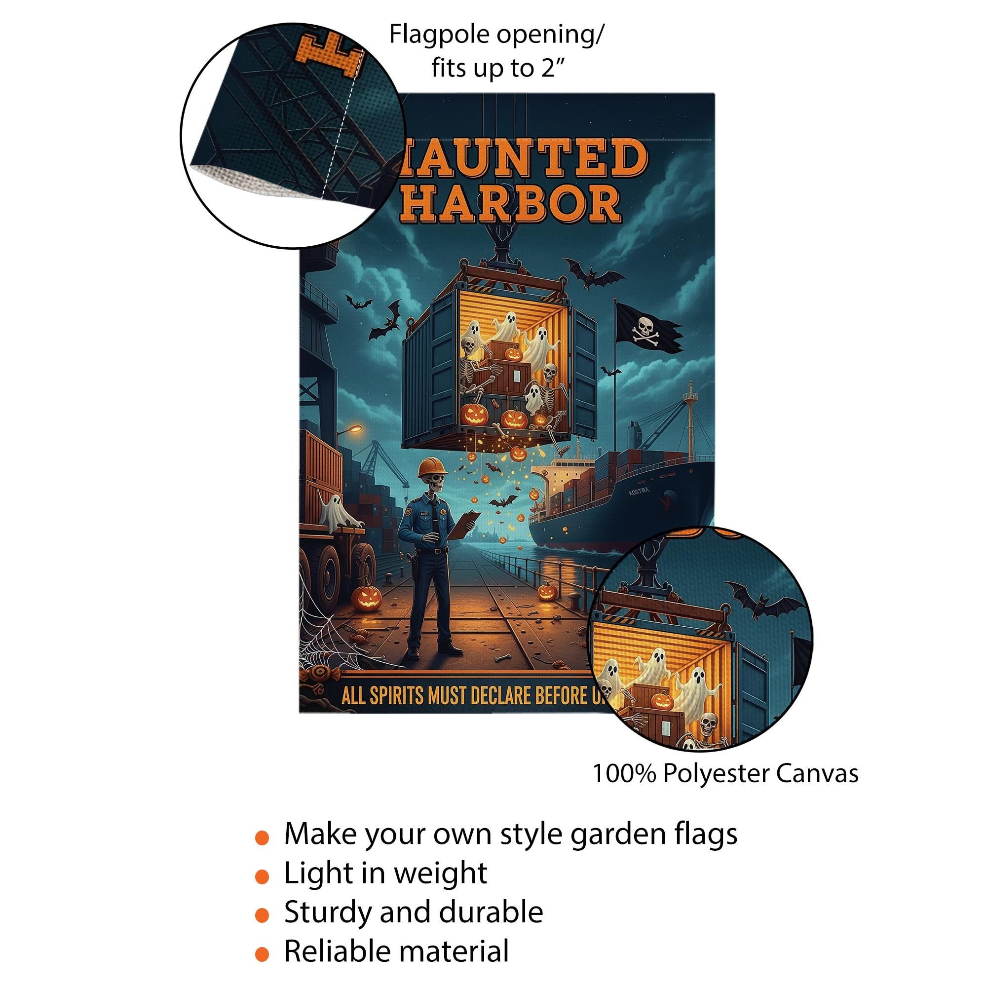 Haunted Harbor Halloween Garden Flag – Funny Ghost Port Yard Decor – Shipping Dock Halloween Sign – Spooky Nautical Fall Flag