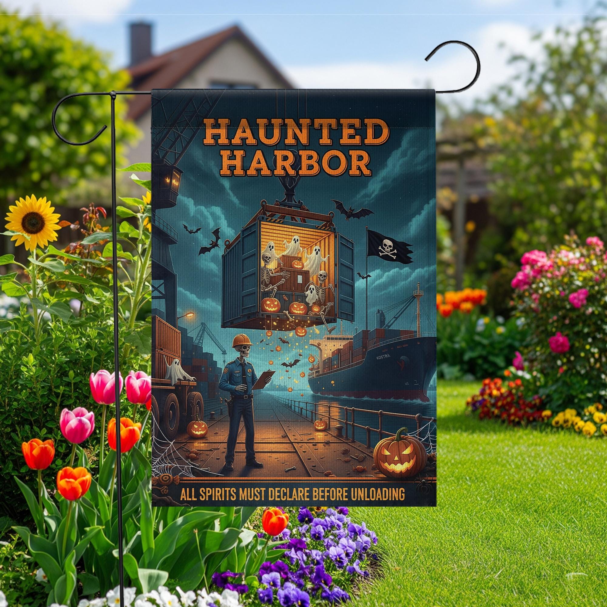 Haunted Harbor Halloween Garden Flag – Funny Ghost Port Yard Decor – Shipping Dock Halloween Sign – Spooky Nautical Fall Flag