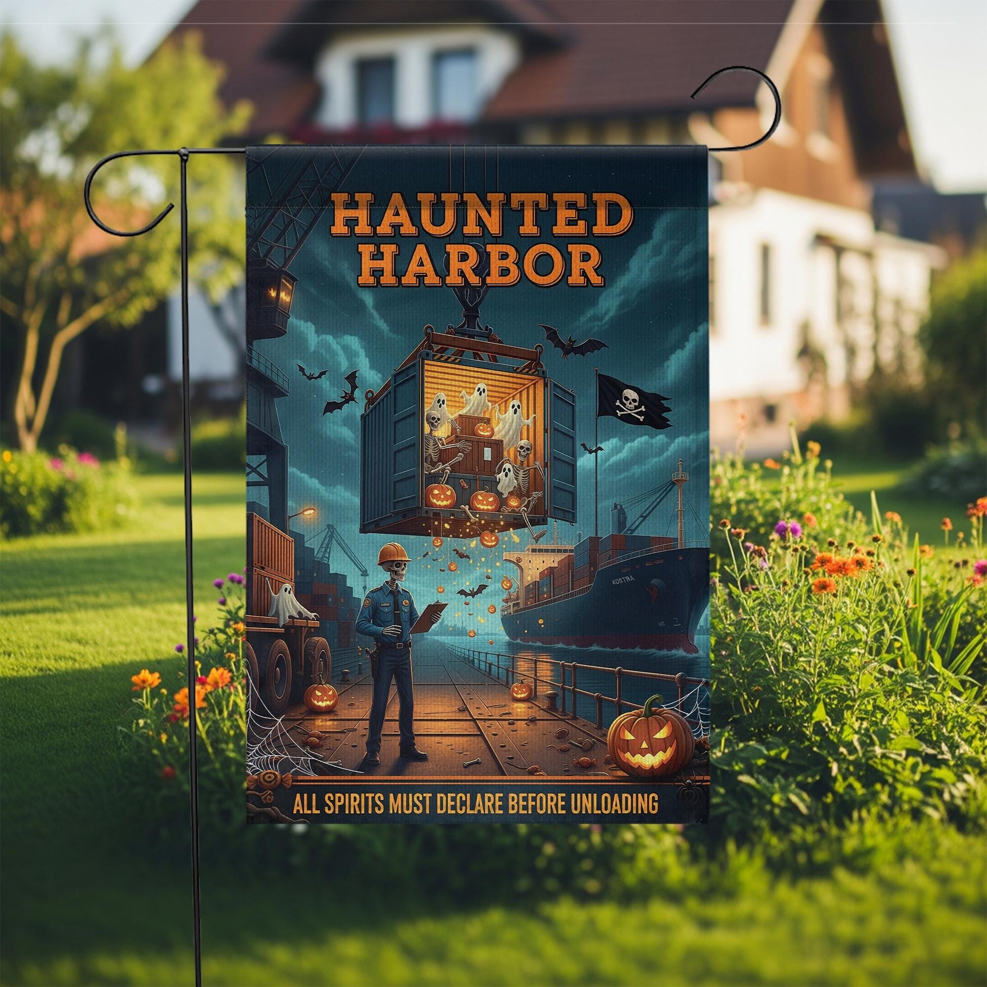 Haunted Harbor Halloween Garden Flag – Funny Ghost Port Yard Decor – Shipping Dock Halloween Sign – Spooky Nautical Fall Flag