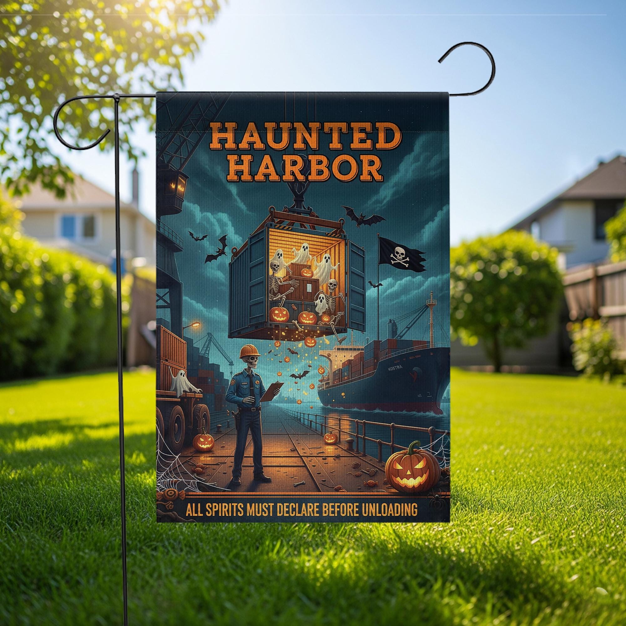 Haunted Harbor Halloween Garden Flag – Funny Ghost Port Yard Decor – Shipping Dock Halloween Sign – Spooky Nautical Fall Flag