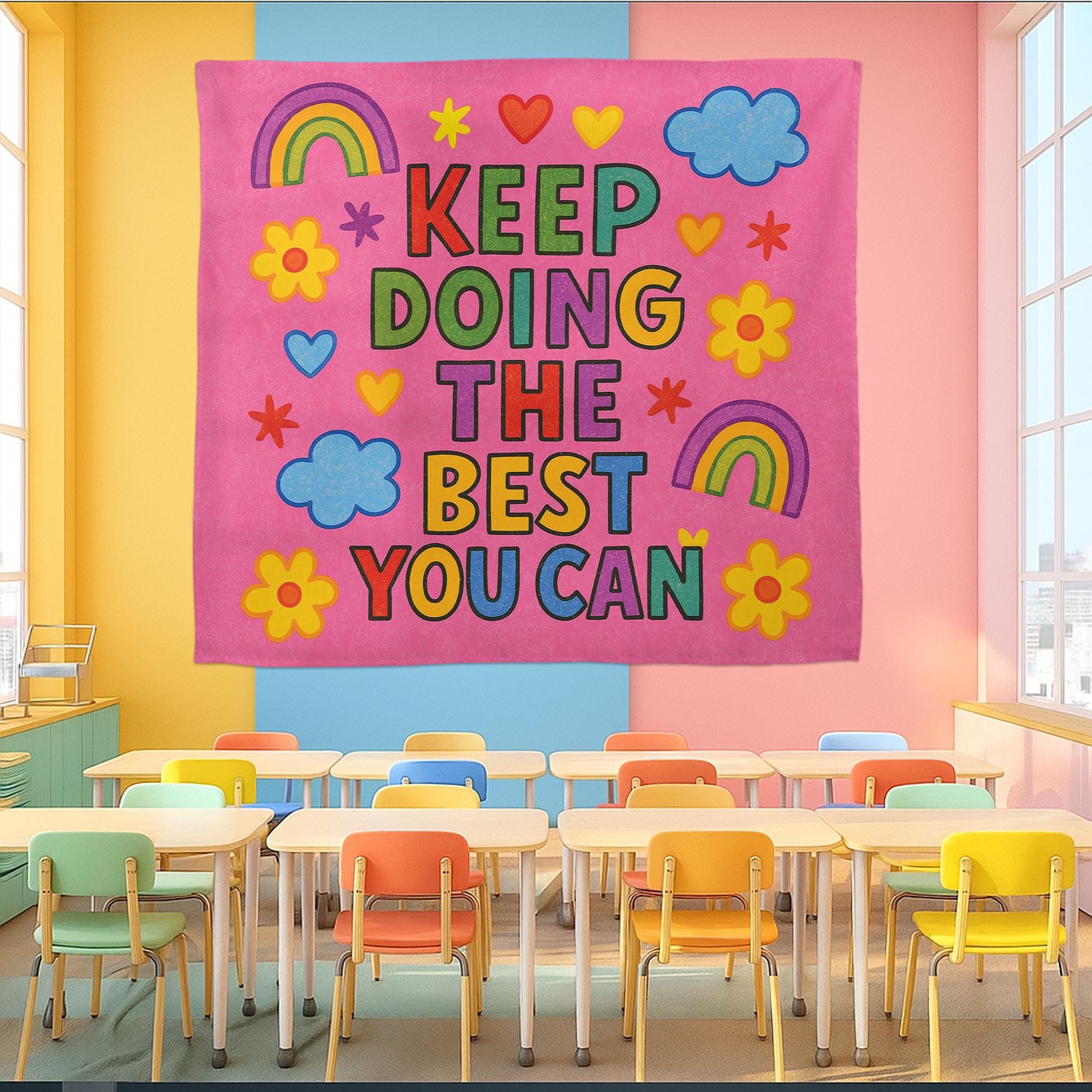 Keep Doing the Best You Can Tapestry Wall Art, Colorful Motivational Banner for Classroom, Preschool, Kids Room, Teacher Encouragement Decor