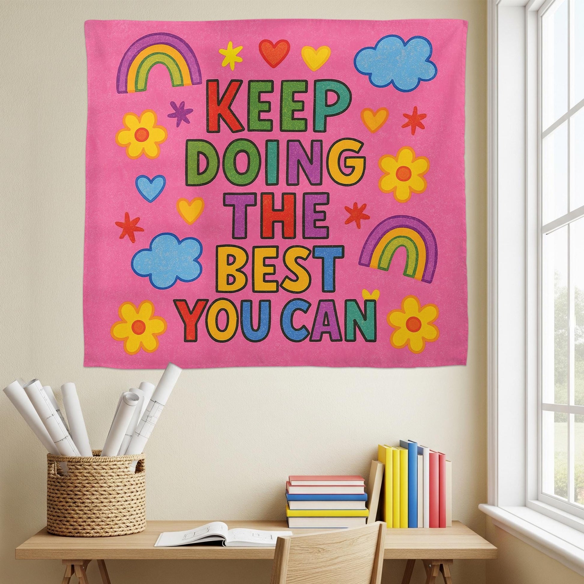 Keep Doing the Best You Can Tapestry Wall Art, Colorful Motivational Banner for Classroom, Preschool, Kids Room, Teacher Encouragement Decor