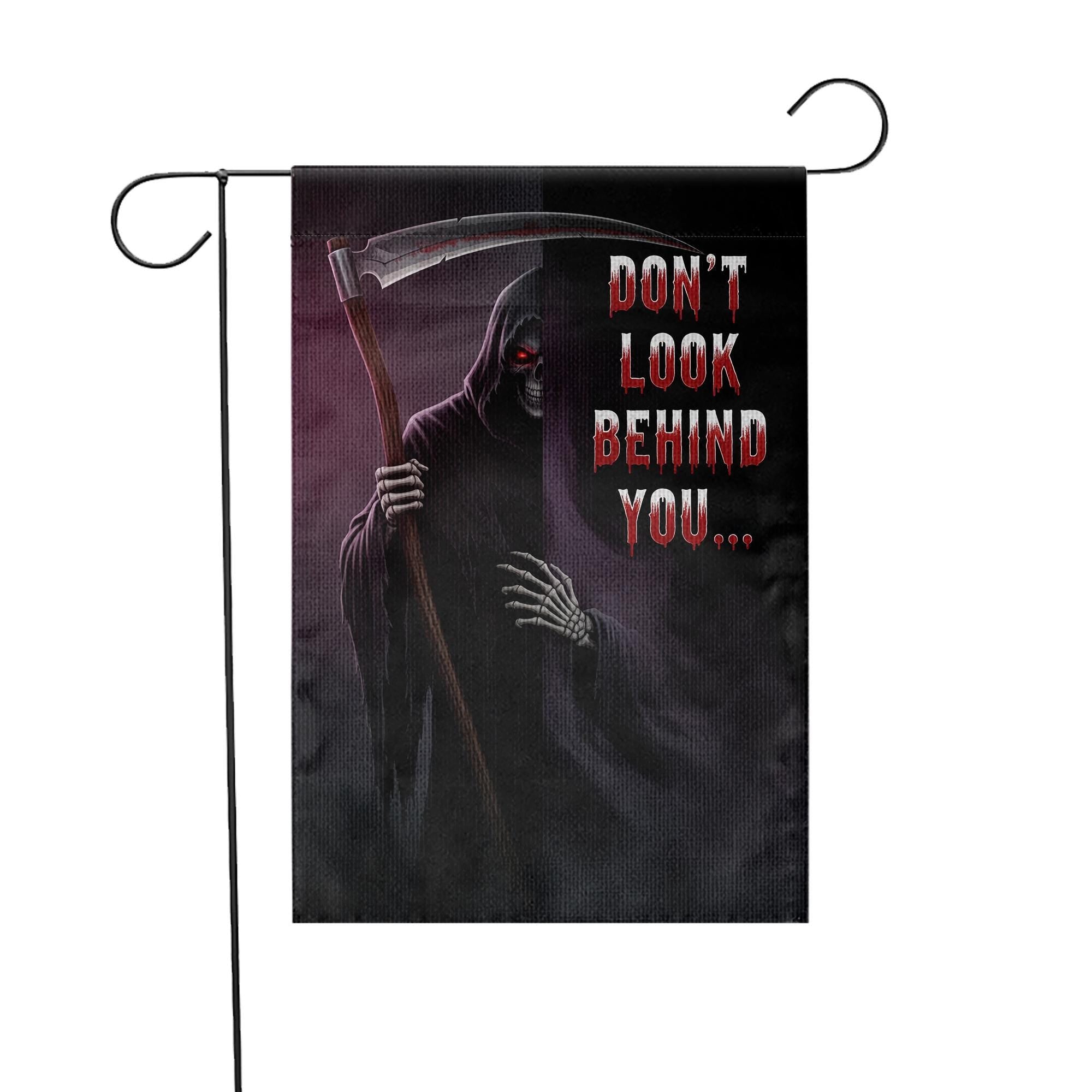 Grim Reaper Halloween Garden Flag – Don’t Look Behind You – Scary Skeleton Scythe Yard Decor – Spooky Outdoor Fall Sign