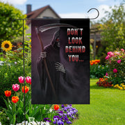 Grim Reaper Halloween Garden Flag – Don’t Look Behind You – Scary Skeleton Scythe Yard Decor – Spooky Outdoor Fall Sign
