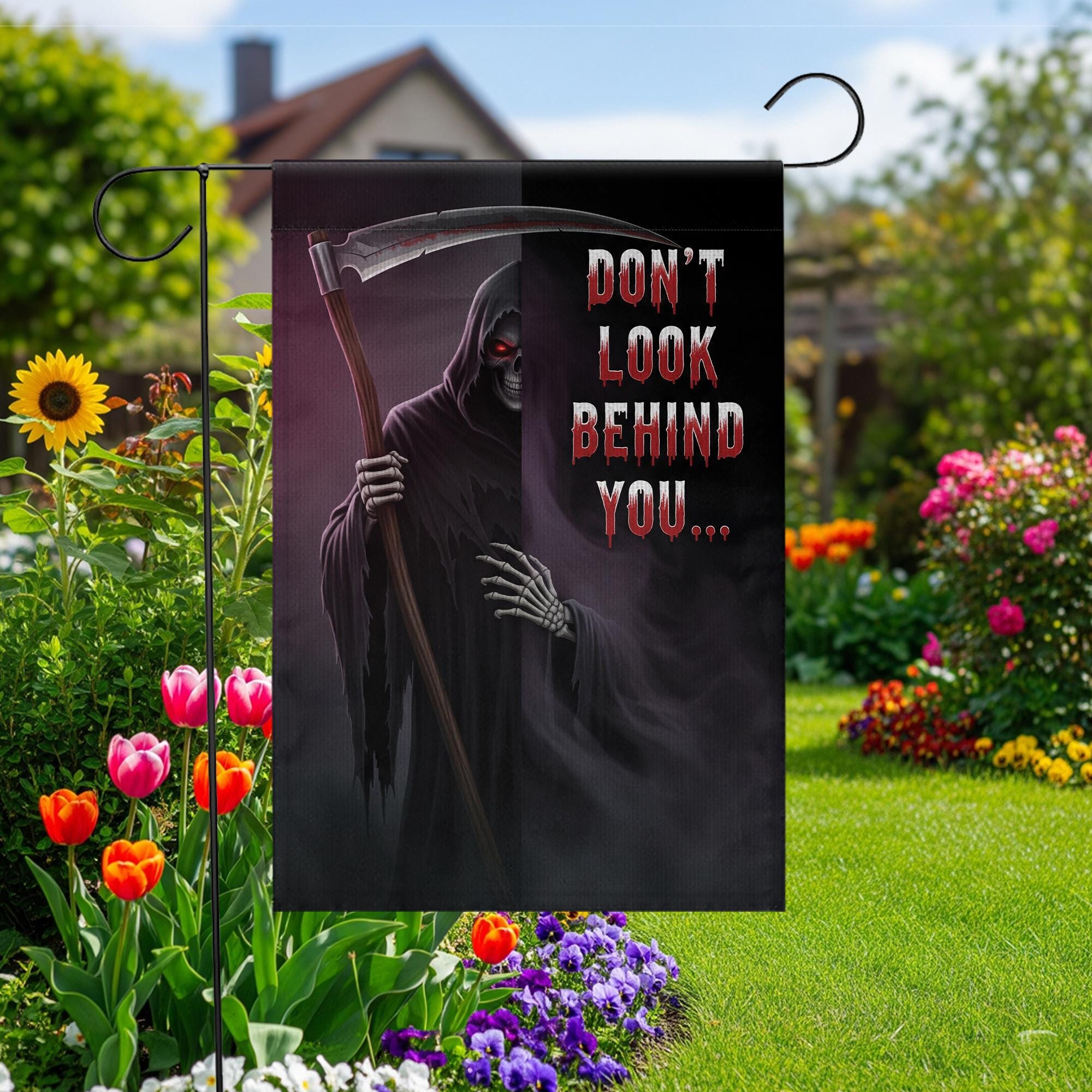 Grim Reaper Halloween Garden Flag – Don’t Look Behind You – Scary Skeleton Scythe Yard Decor – Spooky Outdoor Fall Sign