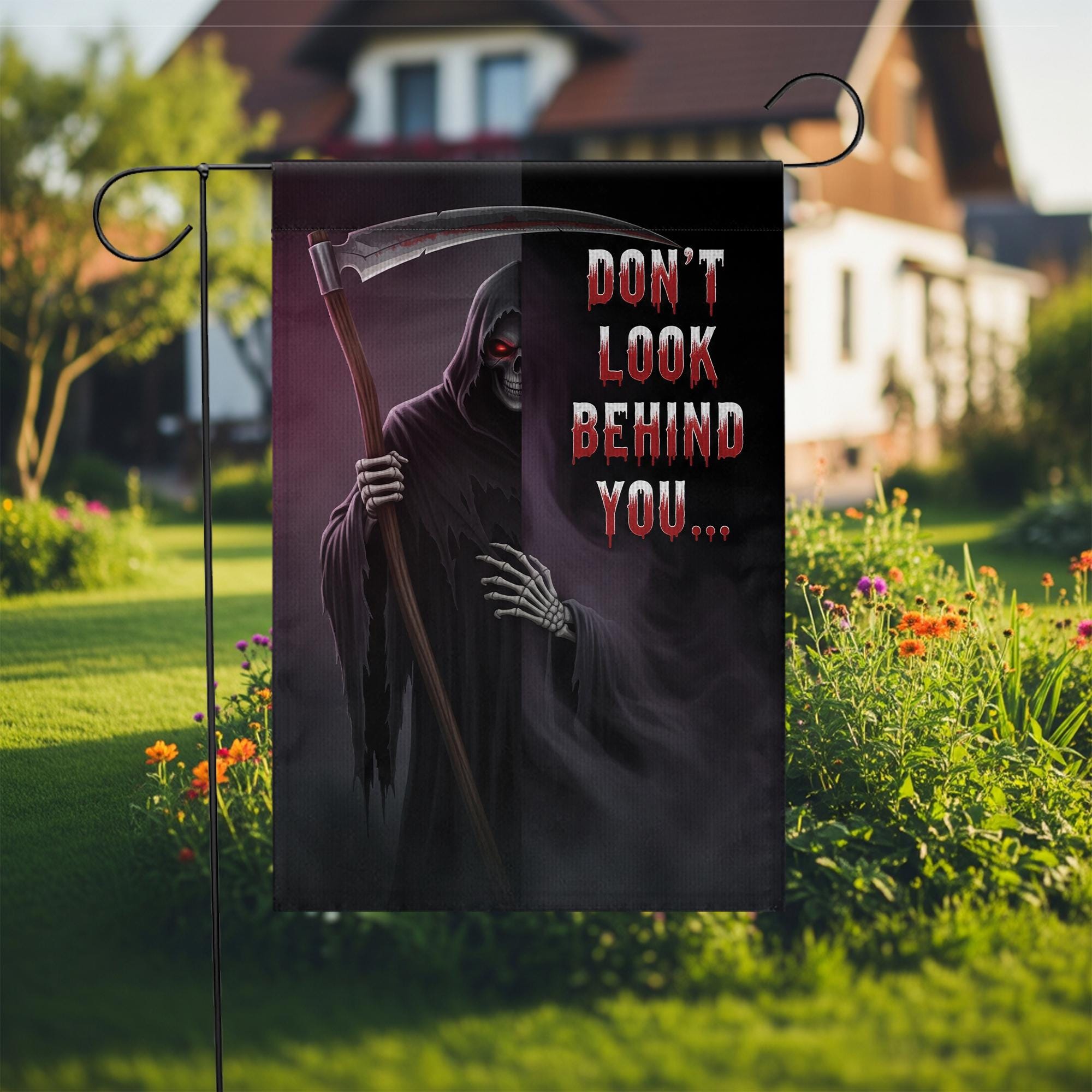 Grim Reaper Halloween Garden Flag – Don’t Look Behind You – Scary Skeleton Scythe Yard Decor – Spooky Outdoor Fall Sign