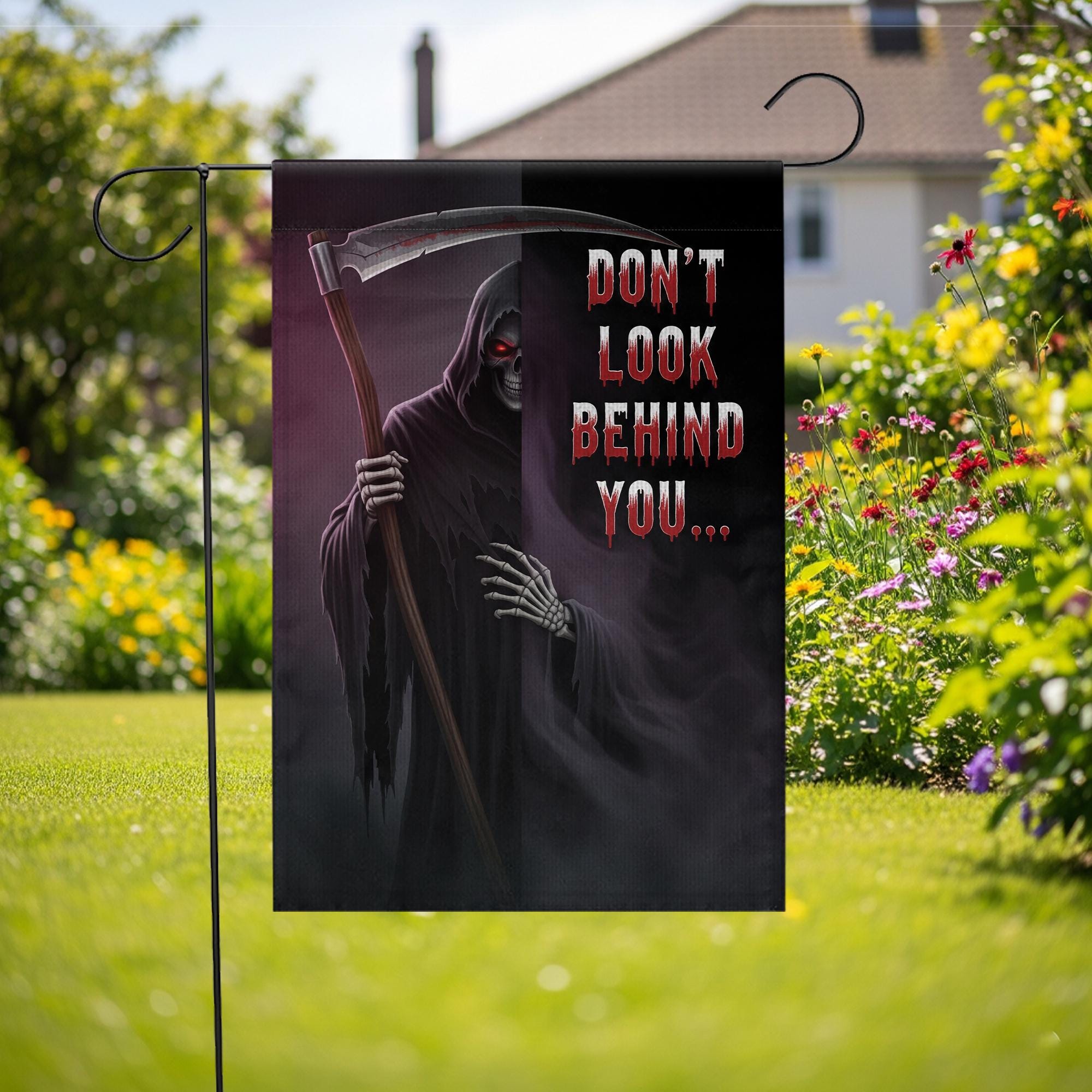Grim Reaper Halloween Garden Flag – Don’t Look Behind You – Scary Skeleton Scythe Yard Decor – Spooky Outdoor Fall Sign