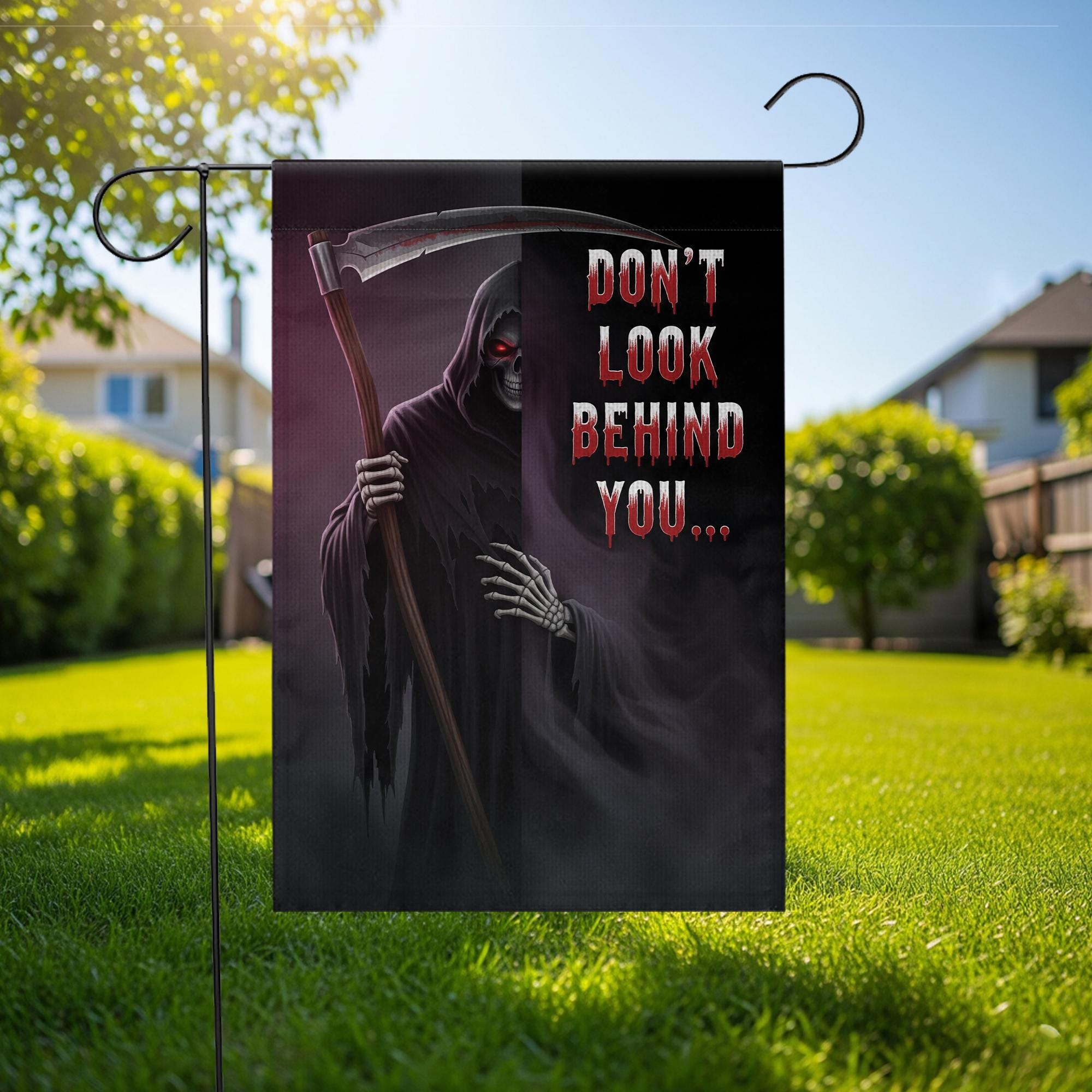 Grim Reaper Halloween Garden Flag – Don’t Look Behind You – Scary Skeleton Scythe Yard Decor – Spooky Outdoor Fall Sign