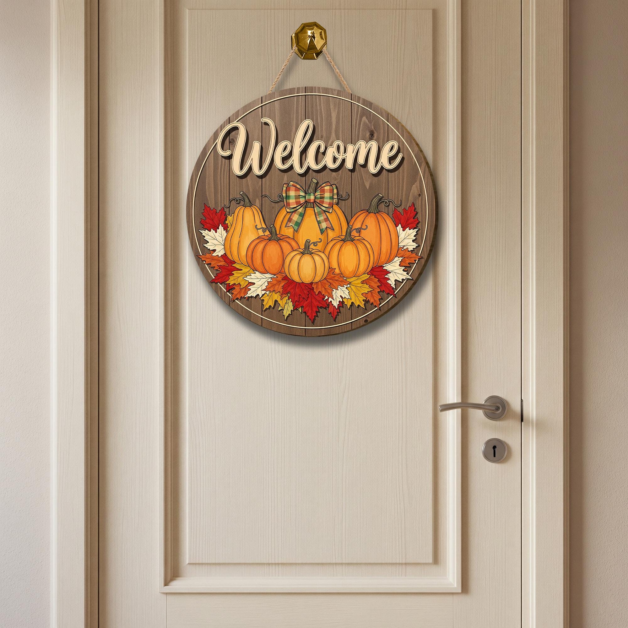 Fall Pumpkin Door Hanger, Rustic Welcome Sign, Autumn Front Door Decor, Thanksgiving Porch Sign, Farmhouse Wooden Wall Decor