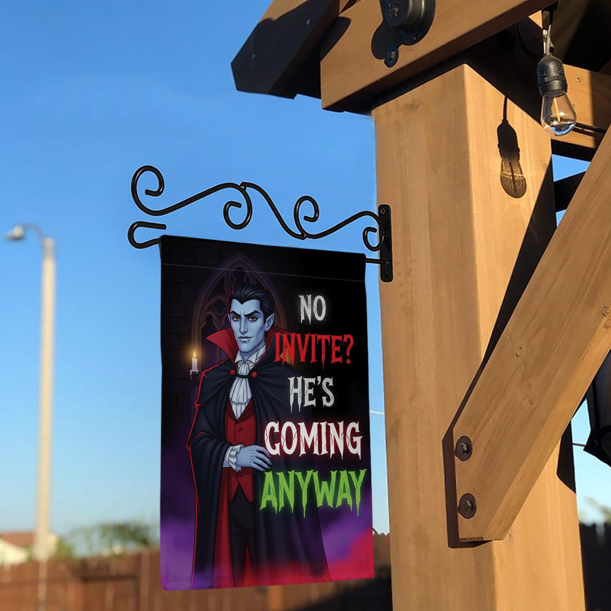 Dracula Vampire Halloween Garden Flag – No Invite He’s Coming Anyway – Funny Spooky Yard Decor – Gothic Outdoor Fall Sign