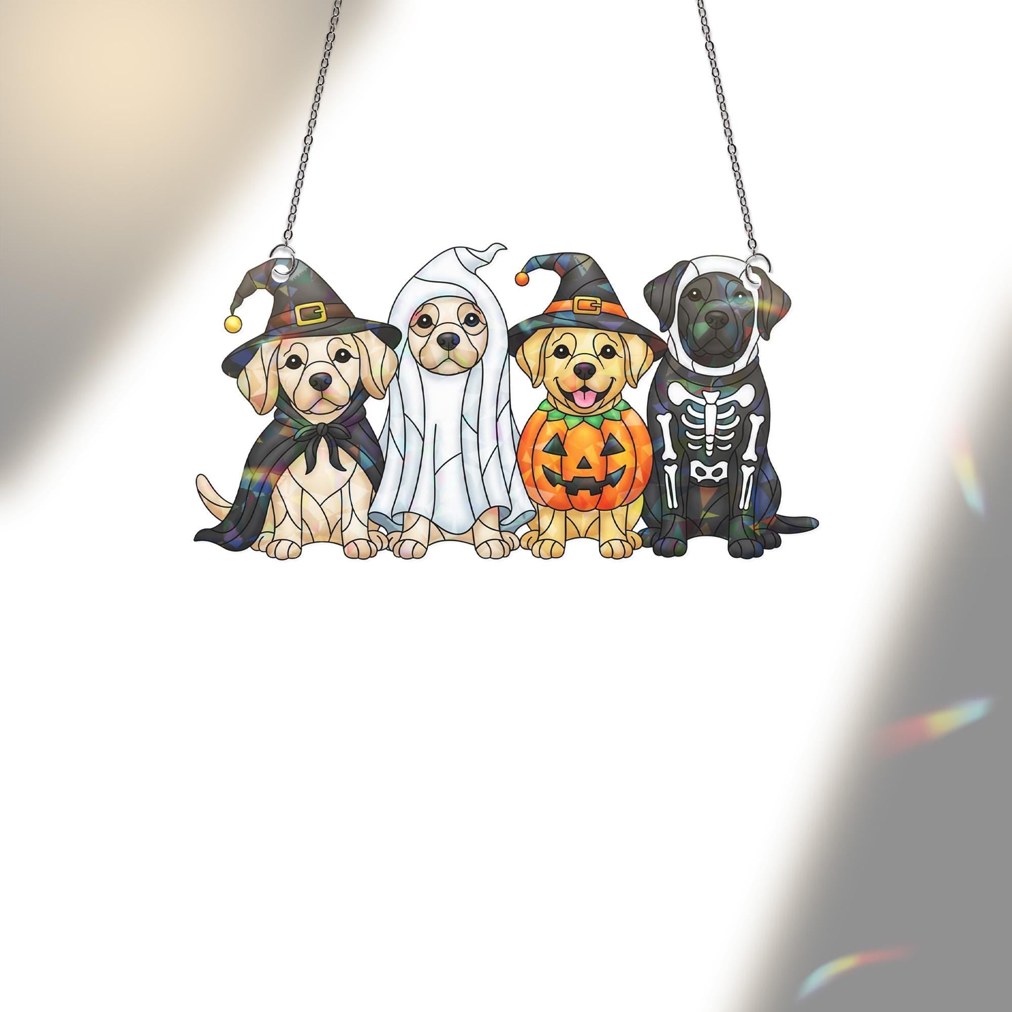 Halloween Dog Suncatcher - Cute Puppy Window Hanging - Witch Ghost Pumpkin Skeleton Pet Decor - Fall Dog Lover Gift