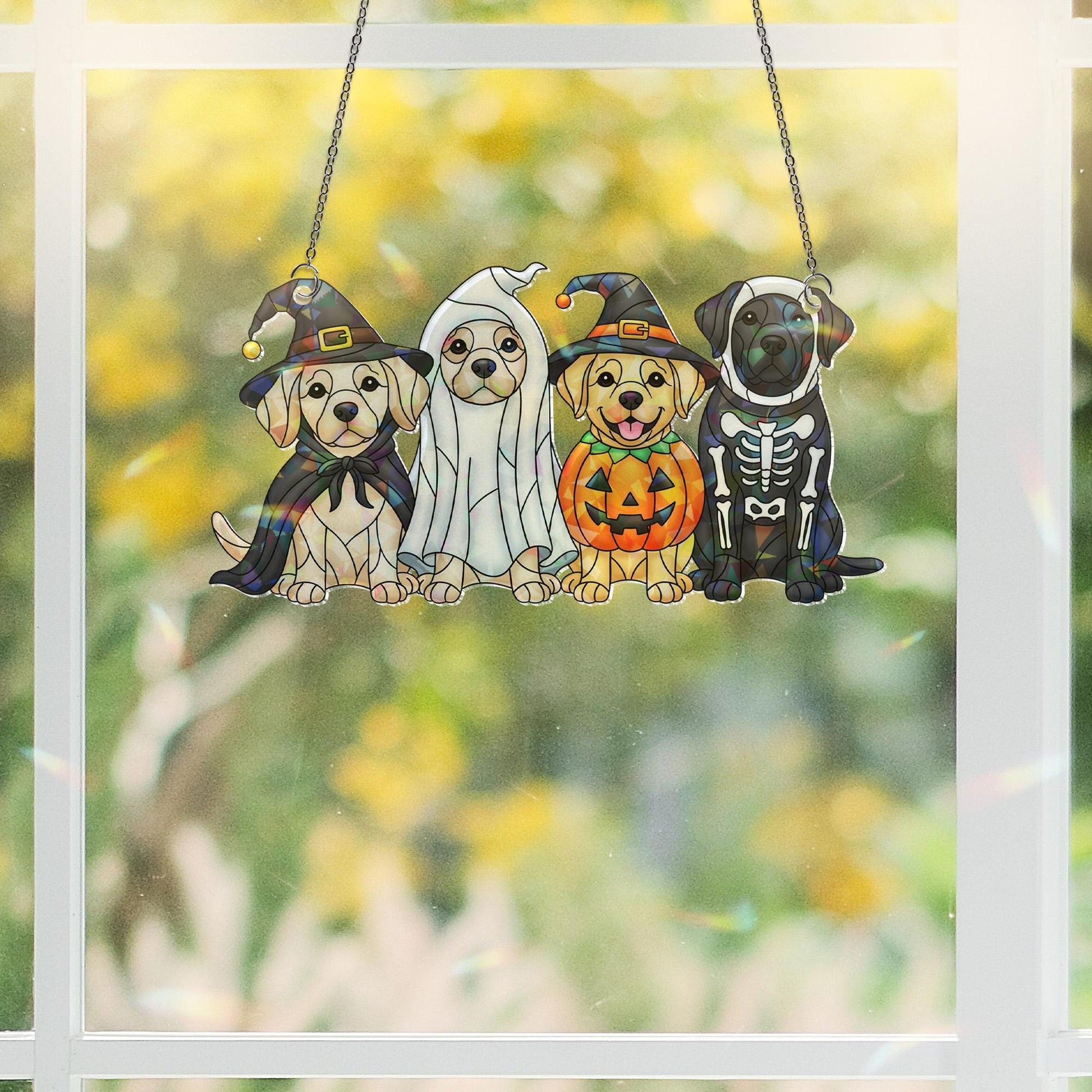 Halloween Dog Suncatcher - Cute Puppy Window Hanging - Witch Ghost Pumpkin Skeleton Pet Decor - Fall Dog Lover Gift