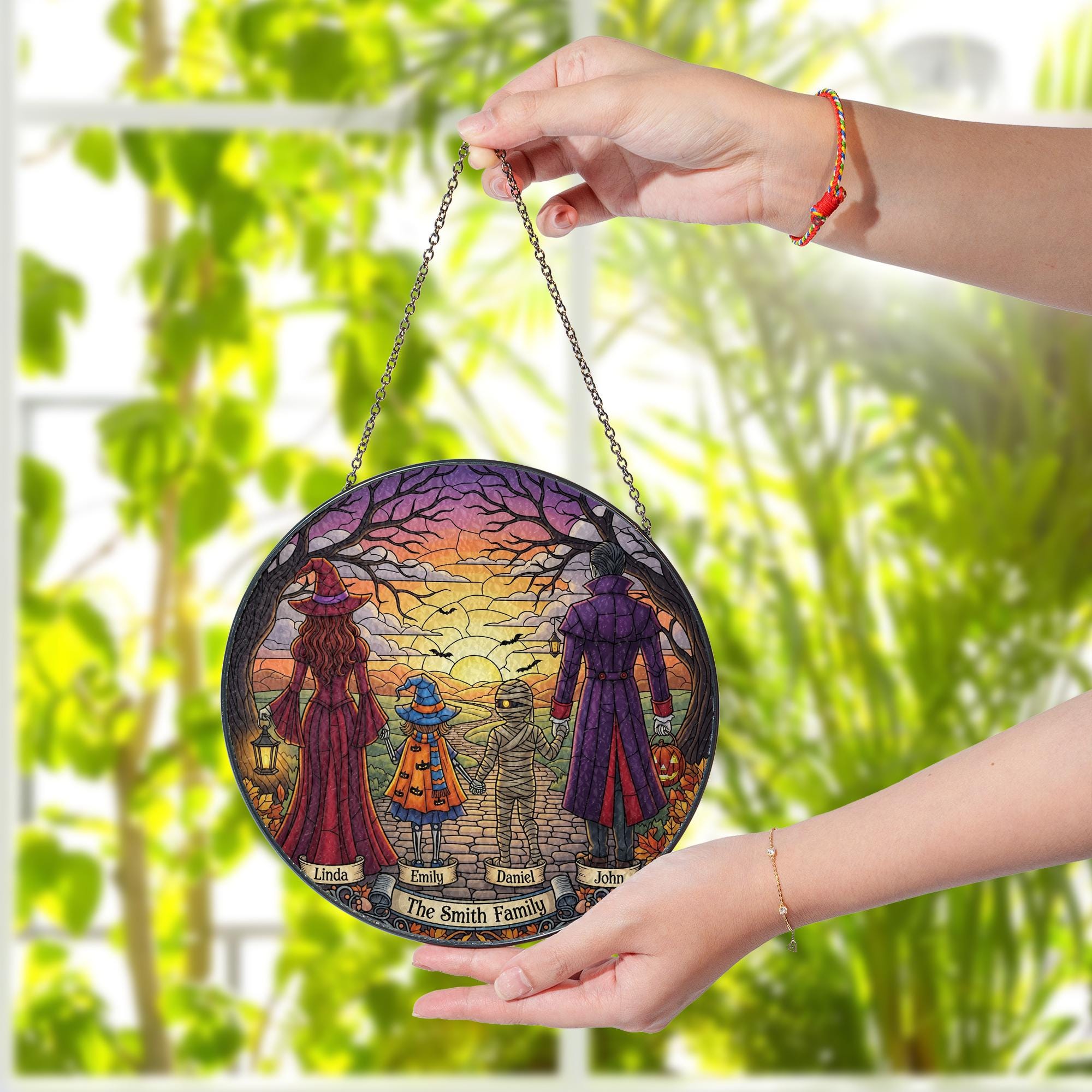 Personalized Halloween Family Suncatcher – Custom Fall Window Hanging – Witch Mummy Dracula Decor – Sunset Trick or Treat Gift