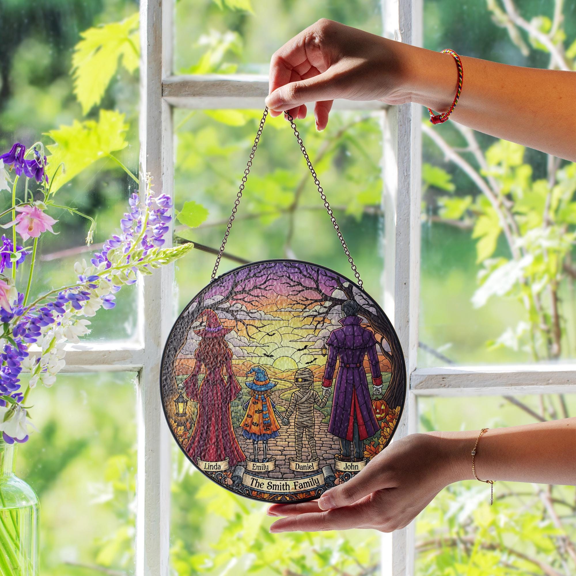 Personalized Halloween Family Suncatcher – Custom Fall Window Hanging – Witch Mummy Dracula Decor – Sunset Trick or Treat Gift