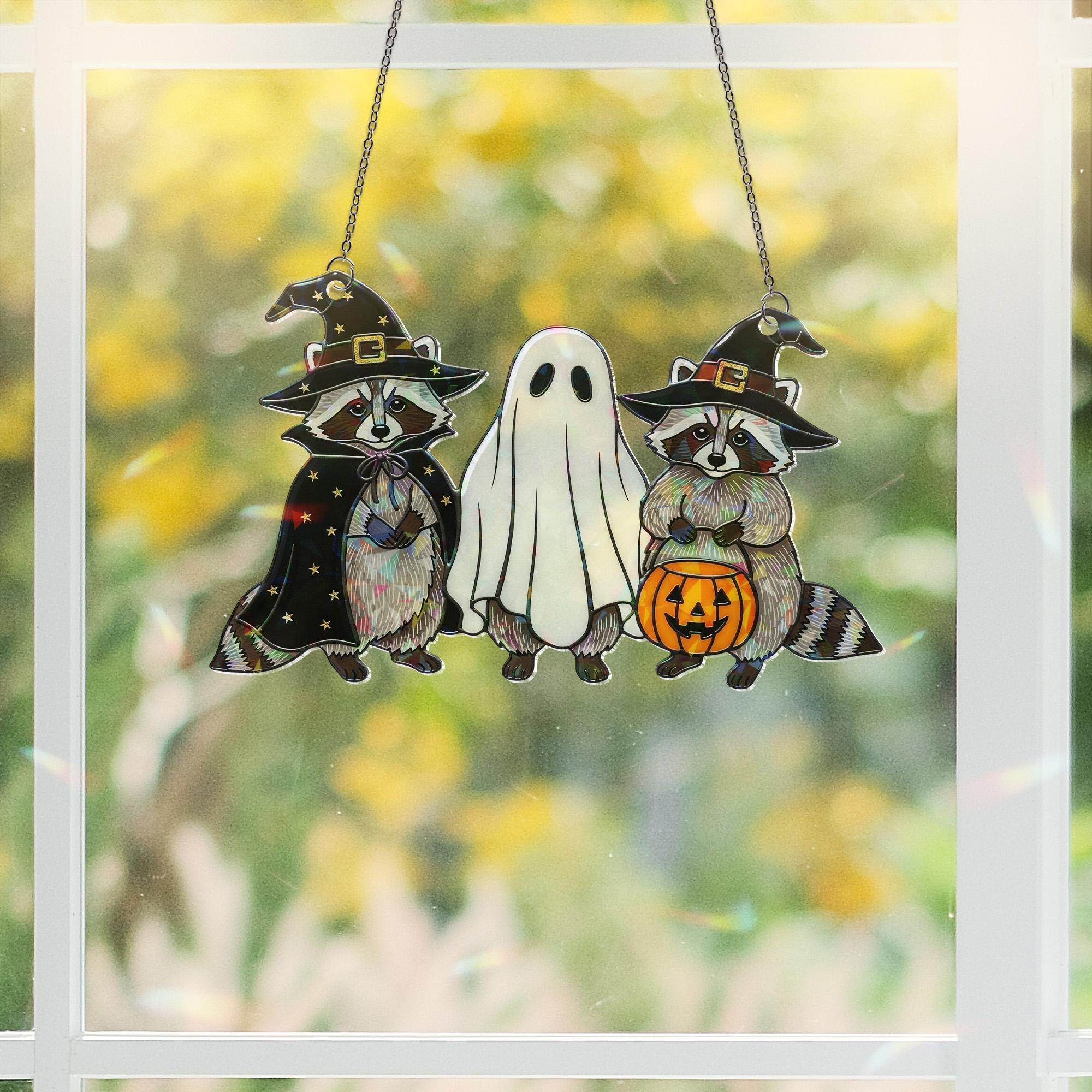 Halloween Raccoon Ghost Hologram Ornament – Cute Spooky ACRYLIC Window Hanging Decoration for Fall, Witchy Animal Decor, Trick or Treat Gift
