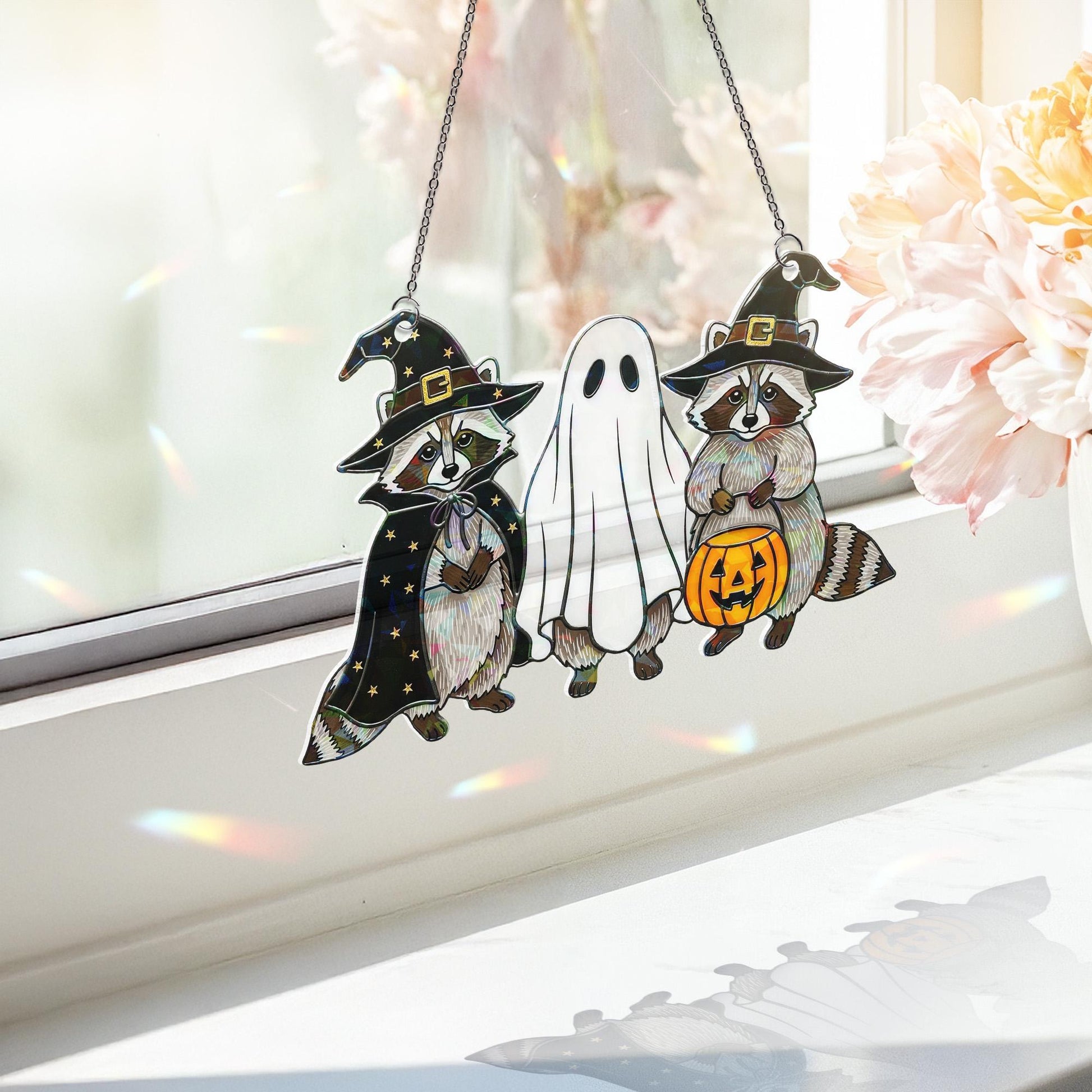 Halloween Raccoon Ghost Hologram Ornament – Cute Spooky ACRYLIC Window Hanging Decoration for Fall, Witchy Animal Decor, Trick or Treat Gift