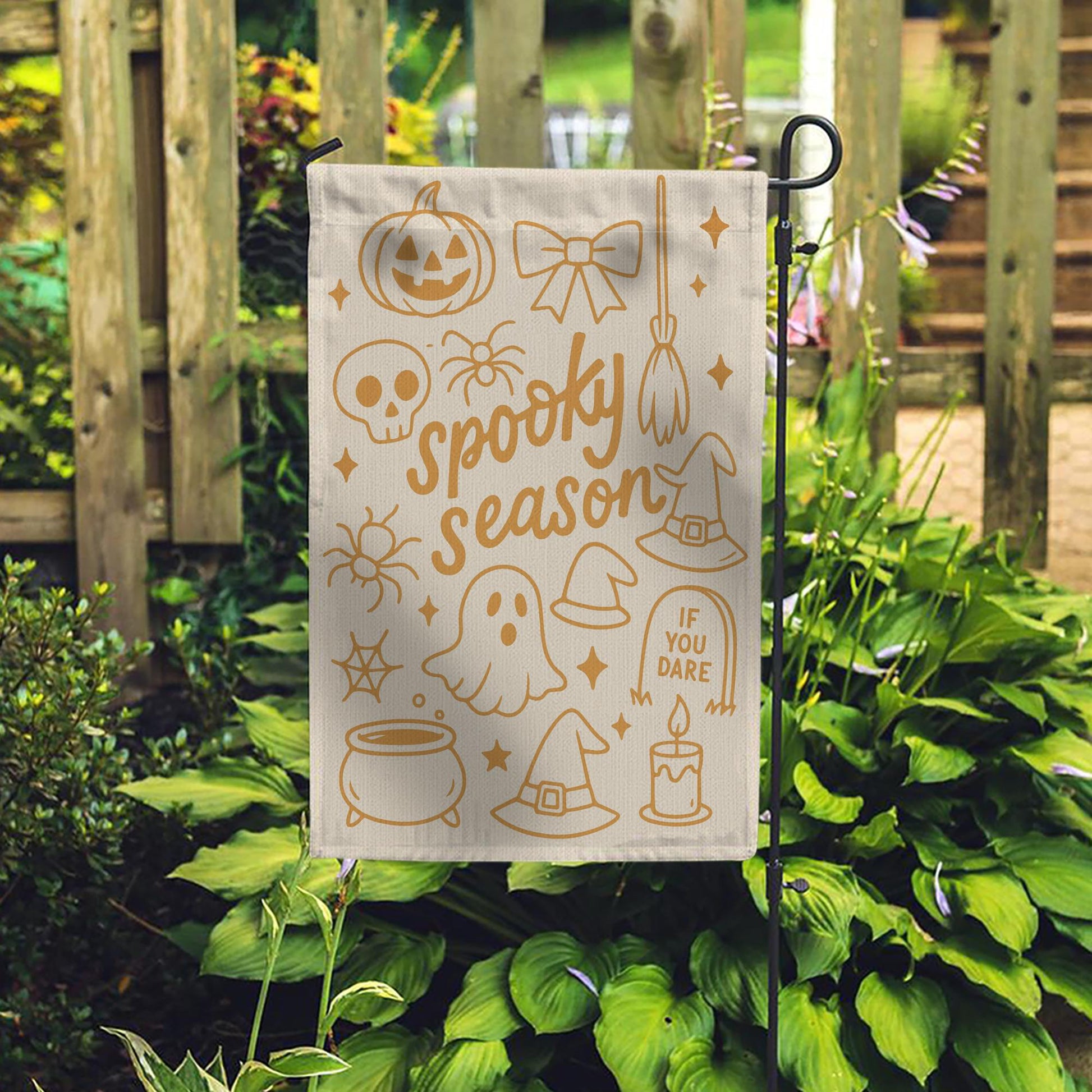 Spooky Season Halloween Garden Flag – Cute Fall Outdoor Yard Decor with Ghost, Witch Hat, and Pumpkin, Funny Seasonal Lawn Sign, Autumn Sign