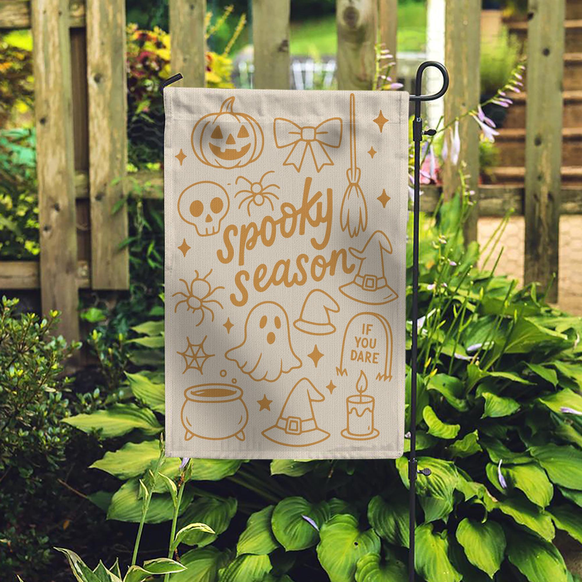 Spooky Season Halloween Garden Flag – Cute Fall Outdoor Yard Decor with Ghost, Witch Hat, and Pumpkin, Funny Seasonal Lawn Sign, Autumn Sign