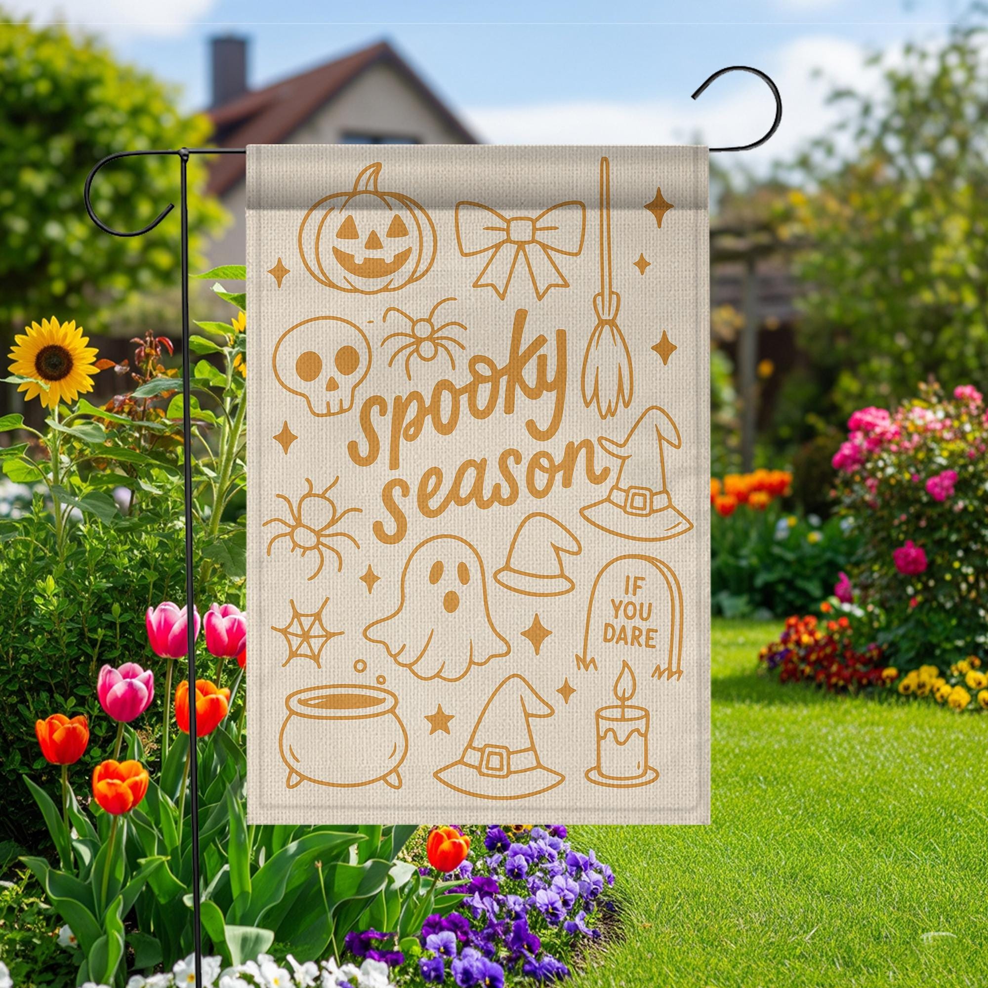 Spooky Season Halloween Garden Flag – Cute Fall Outdoor Yard Decor with Ghost, Witch Hat, and Pumpkin, Funny Seasonal Lawn Sign, Autumn Sign