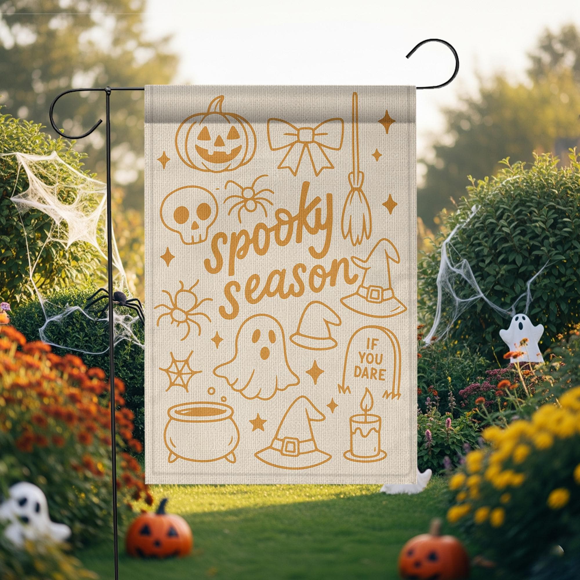 Spooky Season Halloween Garden Flag – Cute Fall Outdoor Yard Decor with Ghost, Witch Hat, and Pumpkin, Funny Seasonal Lawn Sign, Autumn Sign