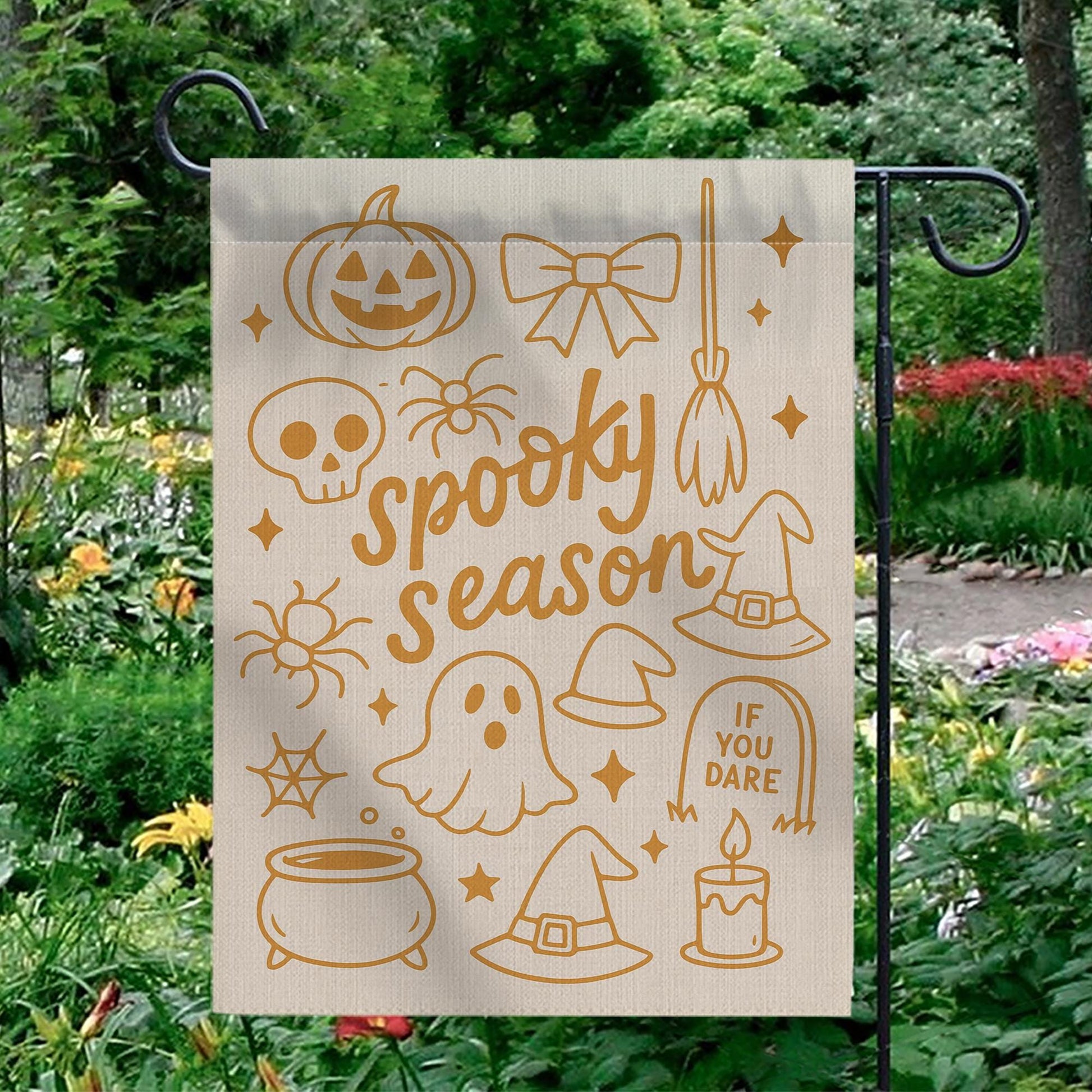 Spooky Season Halloween Garden Flag – Cute Fall Outdoor Yard Decor with Ghost, Witch Hat, and Pumpkin, Funny Seasonal Lawn Sign, Autumn Sign