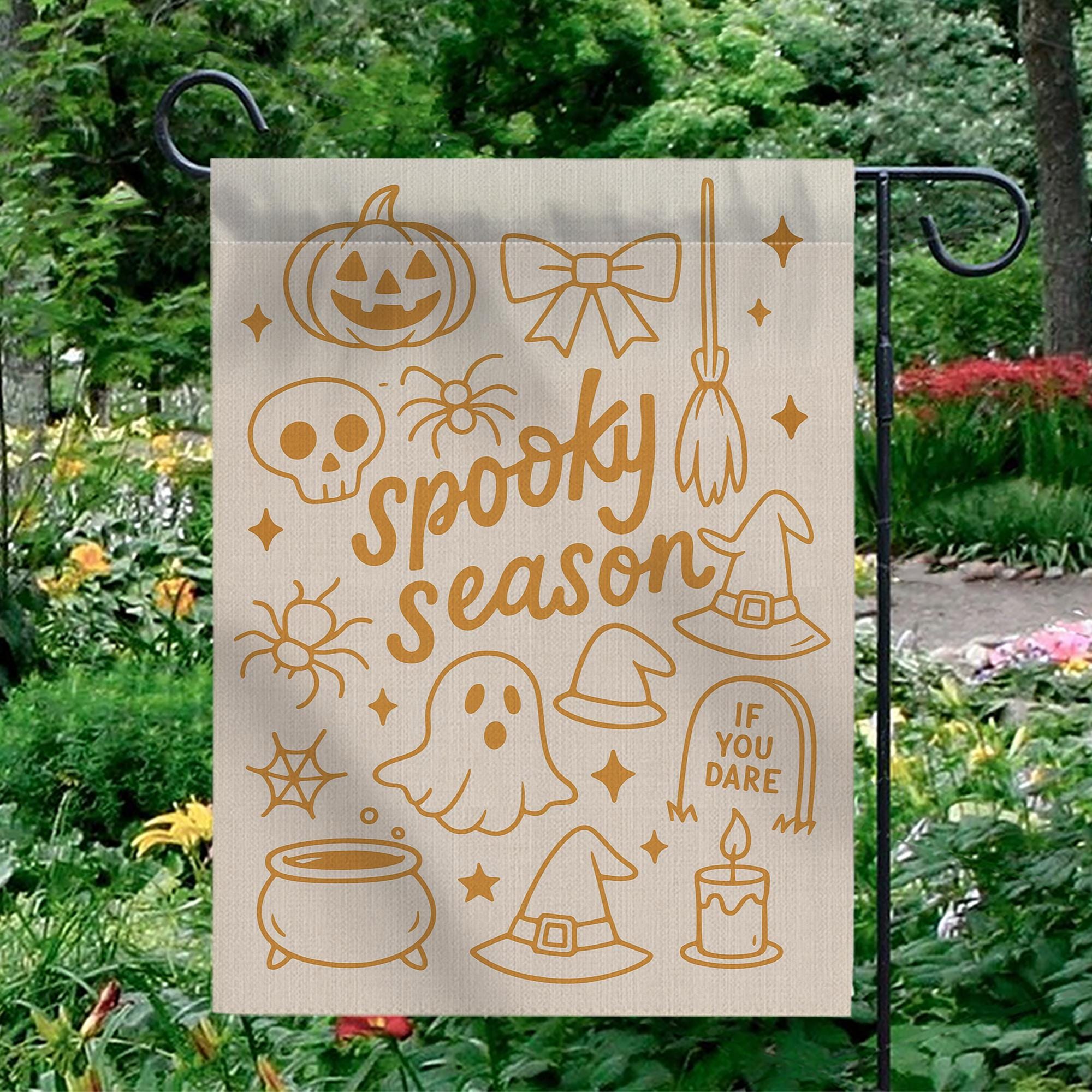Spooky Season Halloween Garden Flag – Cute Fall Outdoor Yard Decor with Ghost, Witch Hat, and Pumpkin, Funny Seasonal Lawn Sign, Autumn Sign