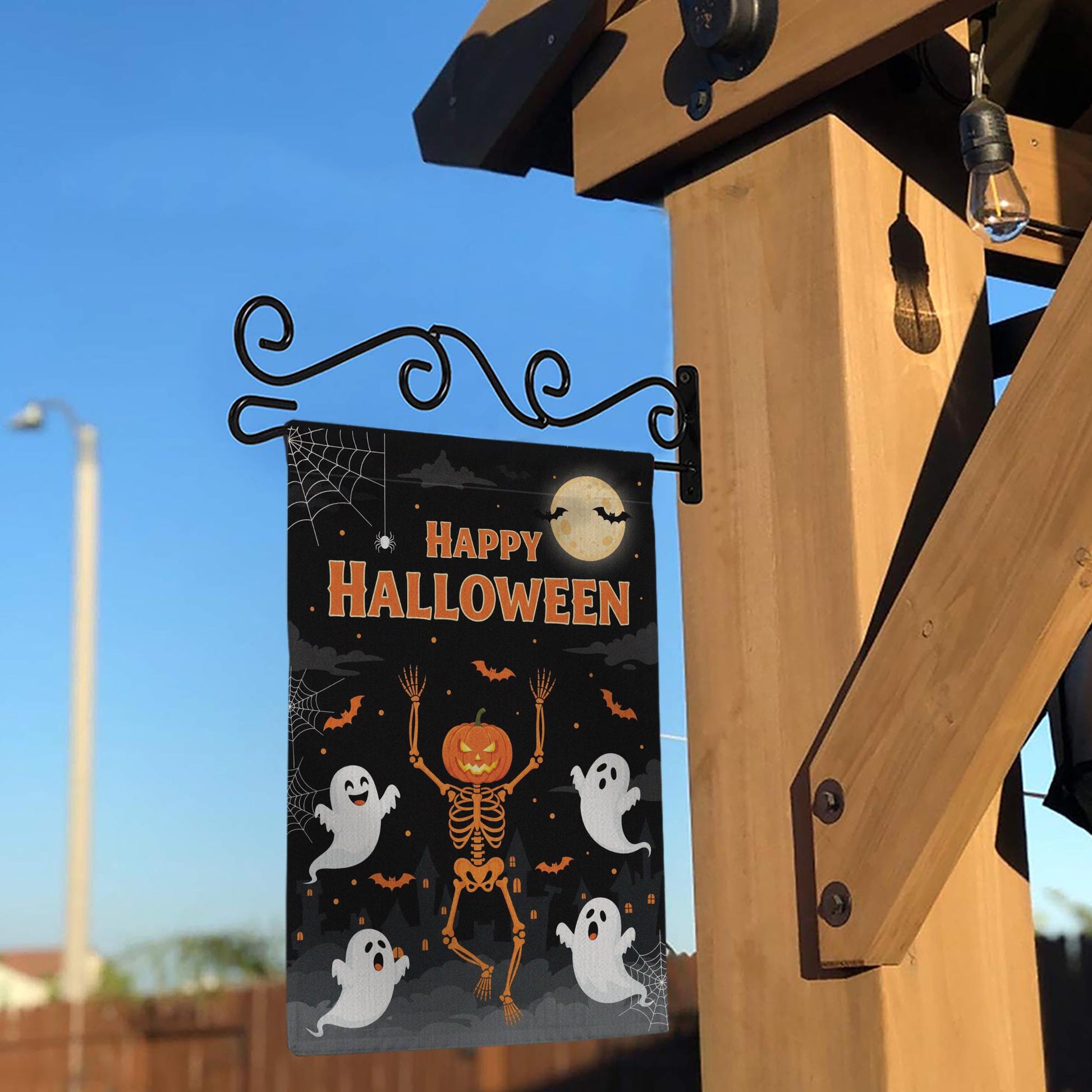 Happy Halloween Garden Flag, Pumpkin Skeleton Outdoor Decor, Ghost Yard Banner, Spooky Fall Welcome Sign, Trick or Treat Flag