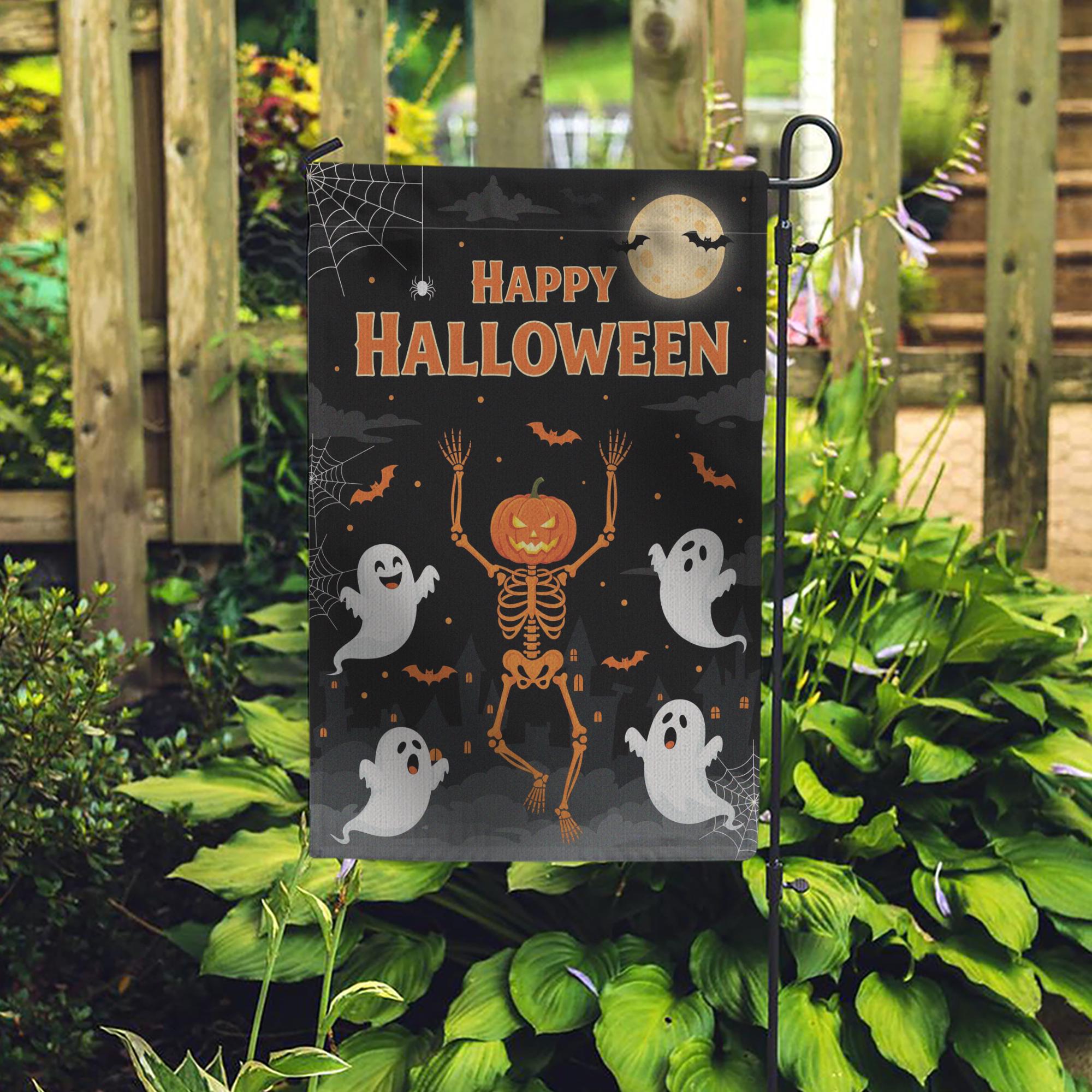 Happy Halloween Garden Flag, Pumpkin Skeleton Outdoor Decor, Ghost Yard Banner, Spooky Fall Welcome Sign, Trick or Treat Flag