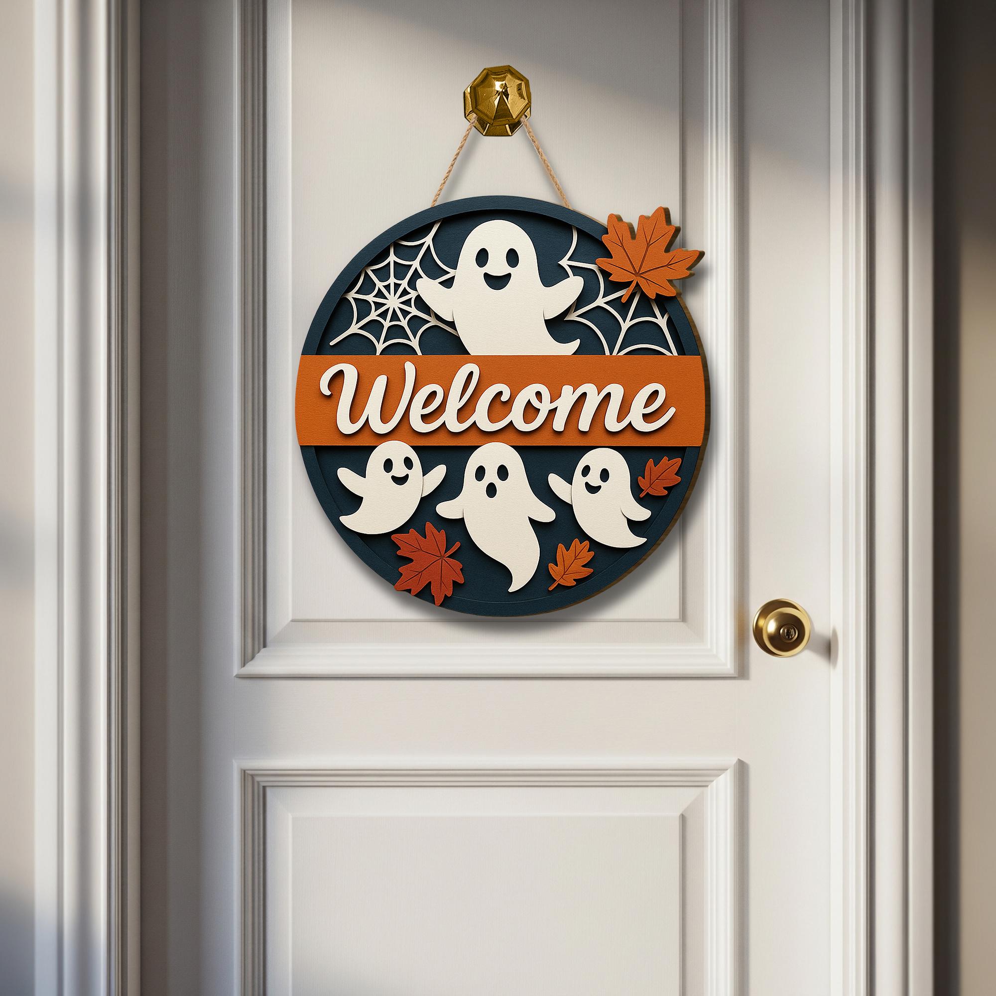 3D Halloween Welcome Sign, Wooden Ghost Door Hanger, Fall Front Porch Decor, Cute Autumn Wall Sign, Spooky Season Home Accent