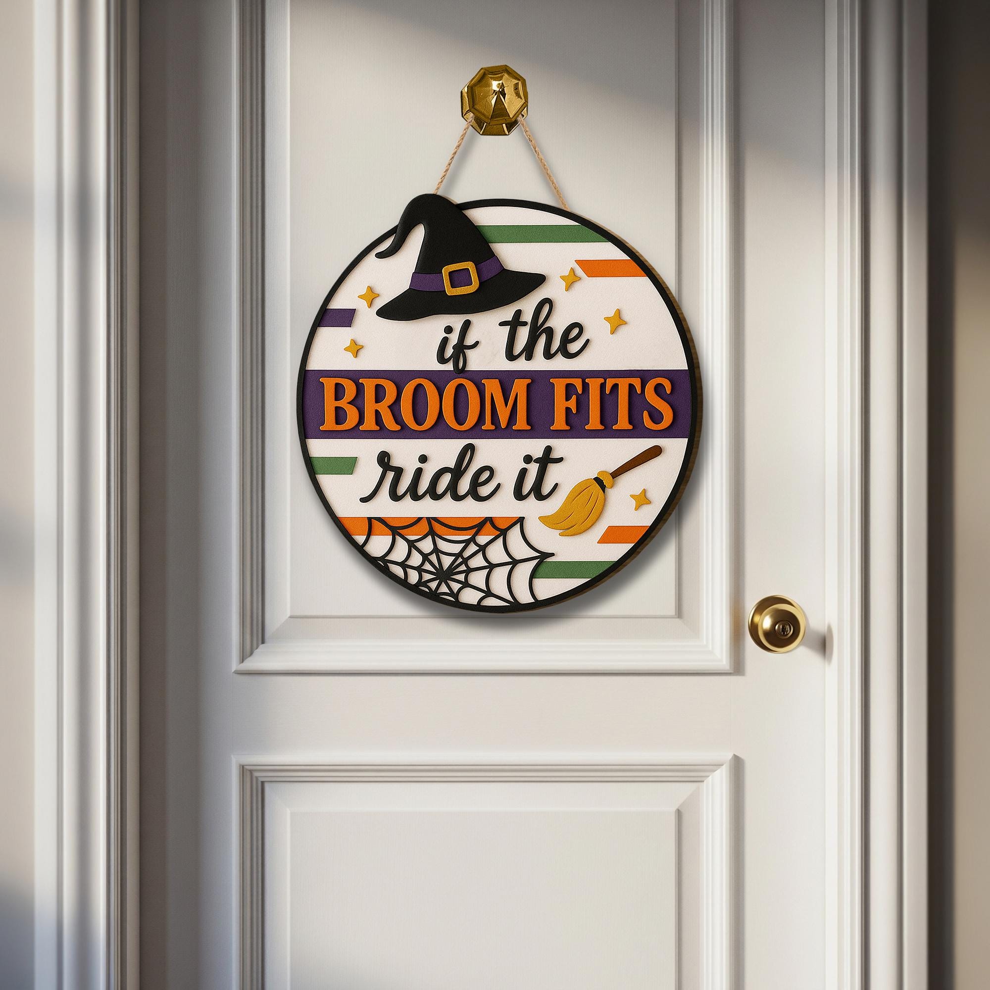 If the Broom Fits Ride It Sign, Funny 3D Halloween Door Decor, Witch Wooden Wall Hanging, Spooky Autumn Porch Decoration
