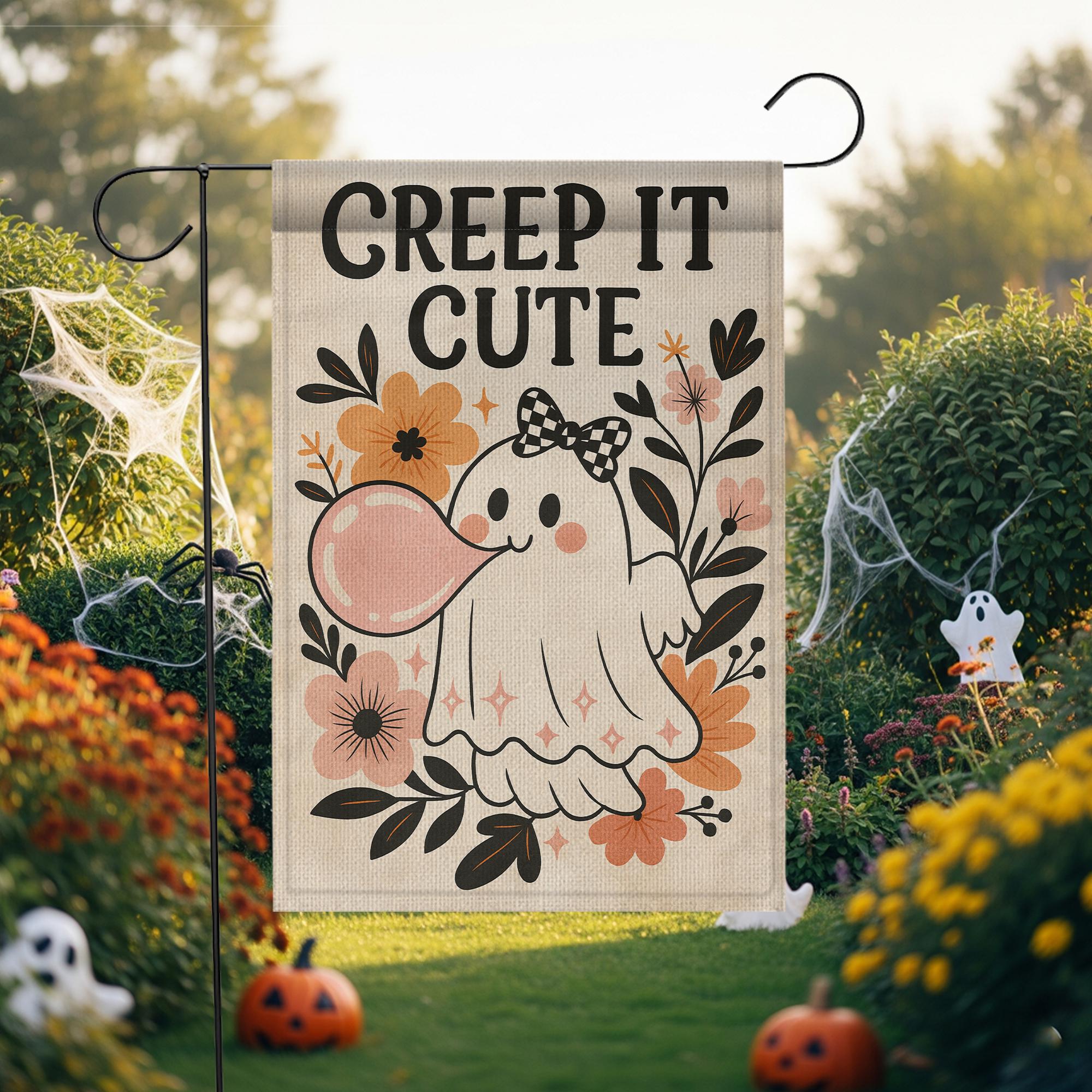 Creep It Cute Halloween Garden Flag – Adorable Ghost with Bow Outdoor Decor, Spooky Sweet Fall Yard Decoration for Trick or Treat, Autumn
