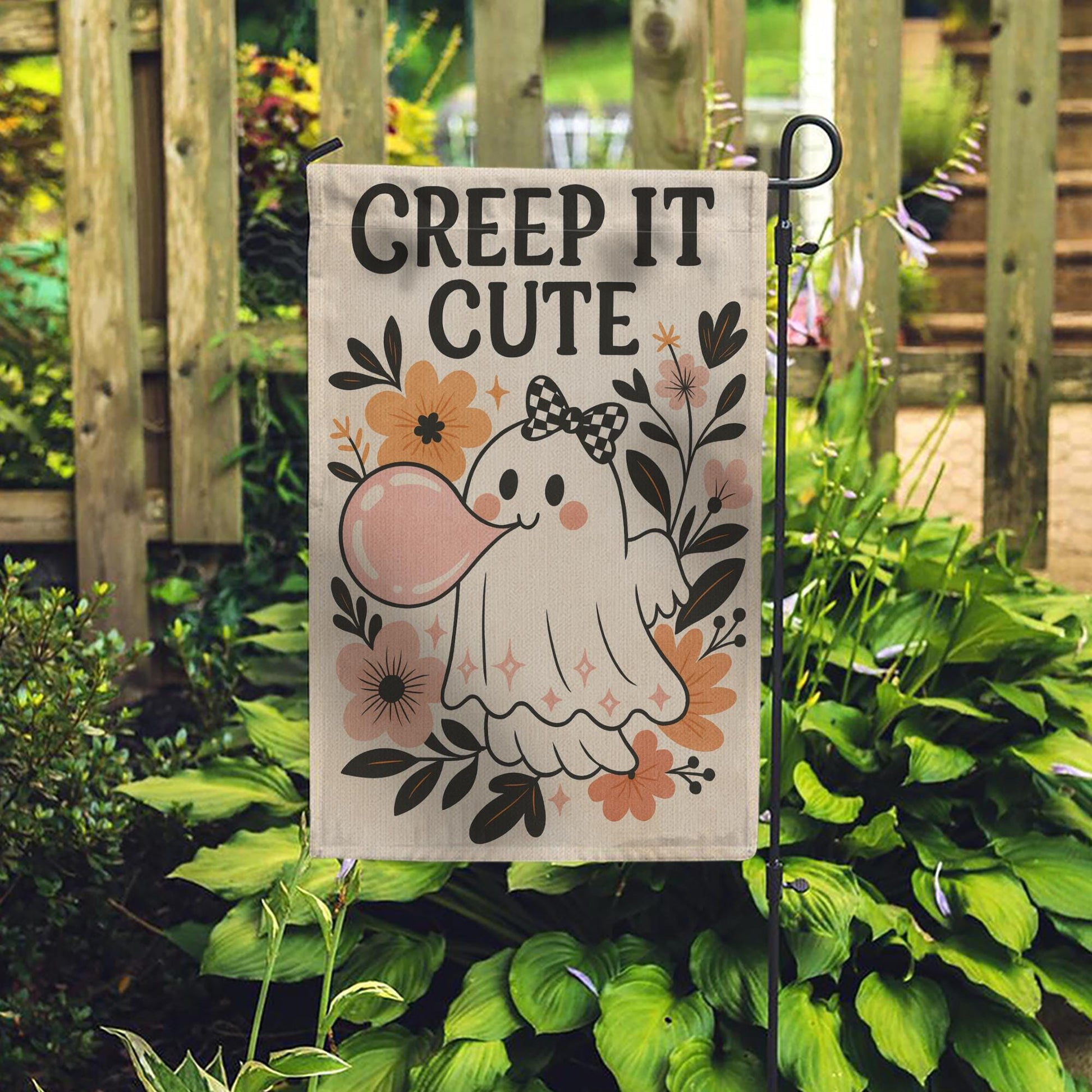Creep It Cute Halloween Garden Flag – Adorable Ghost with Bow Outdoor Decor, Spooky Sweet Fall Yard Decoration for Trick or Treat, Autumn