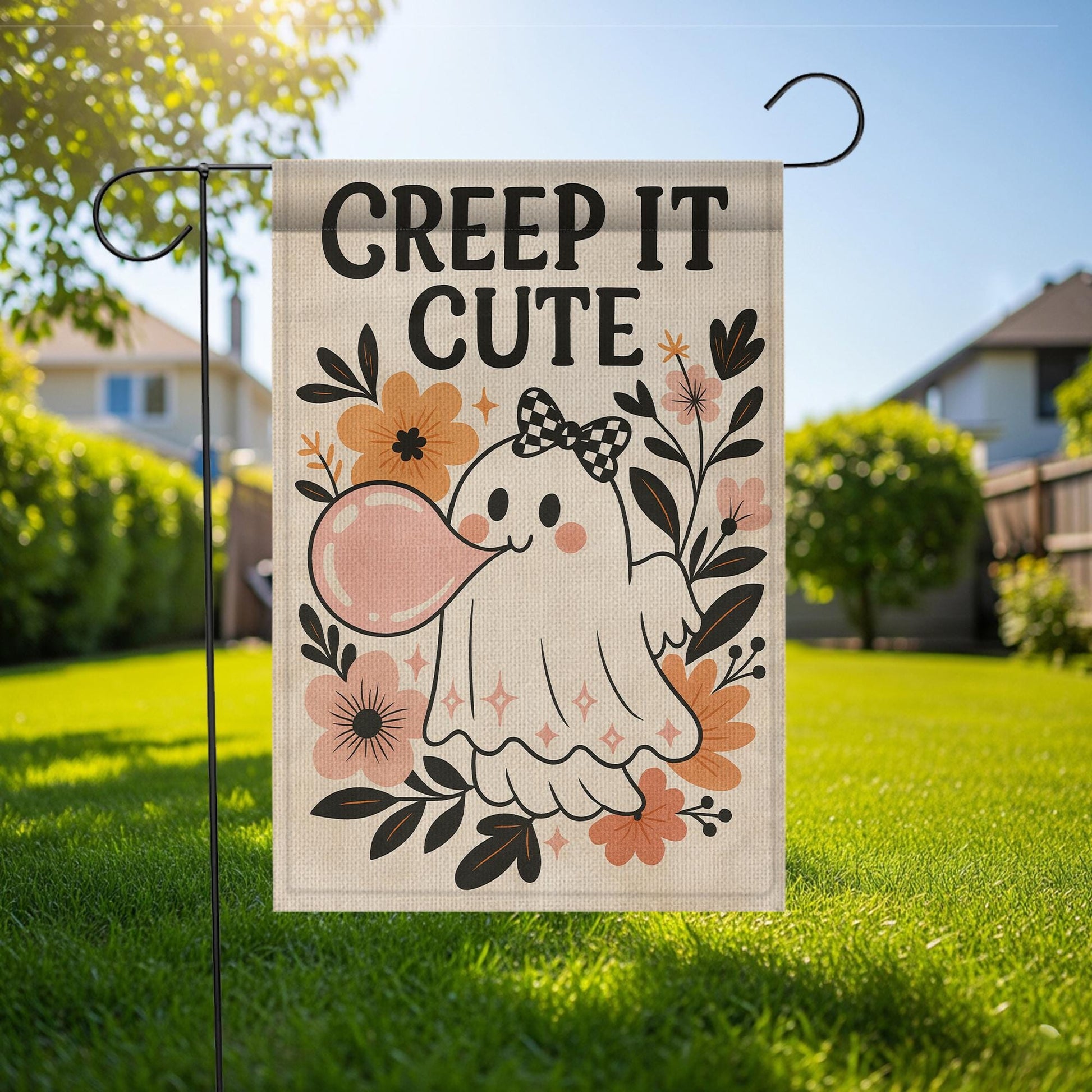 Creep It Cute Halloween Garden Flag – Adorable Ghost with Bow Outdoor Decor, Spooky Sweet Fall Yard Decoration for Trick or Treat, Autumn
