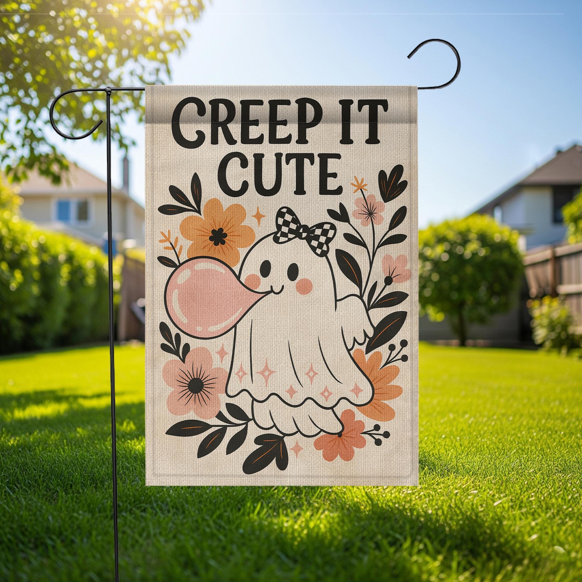 Creep It Cute Halloween Garden Flag – Adorable Ghost with Bow Outdoor Decor, Spooky Sweet Fall Yard Decoration for Trick or Treat, Autumn