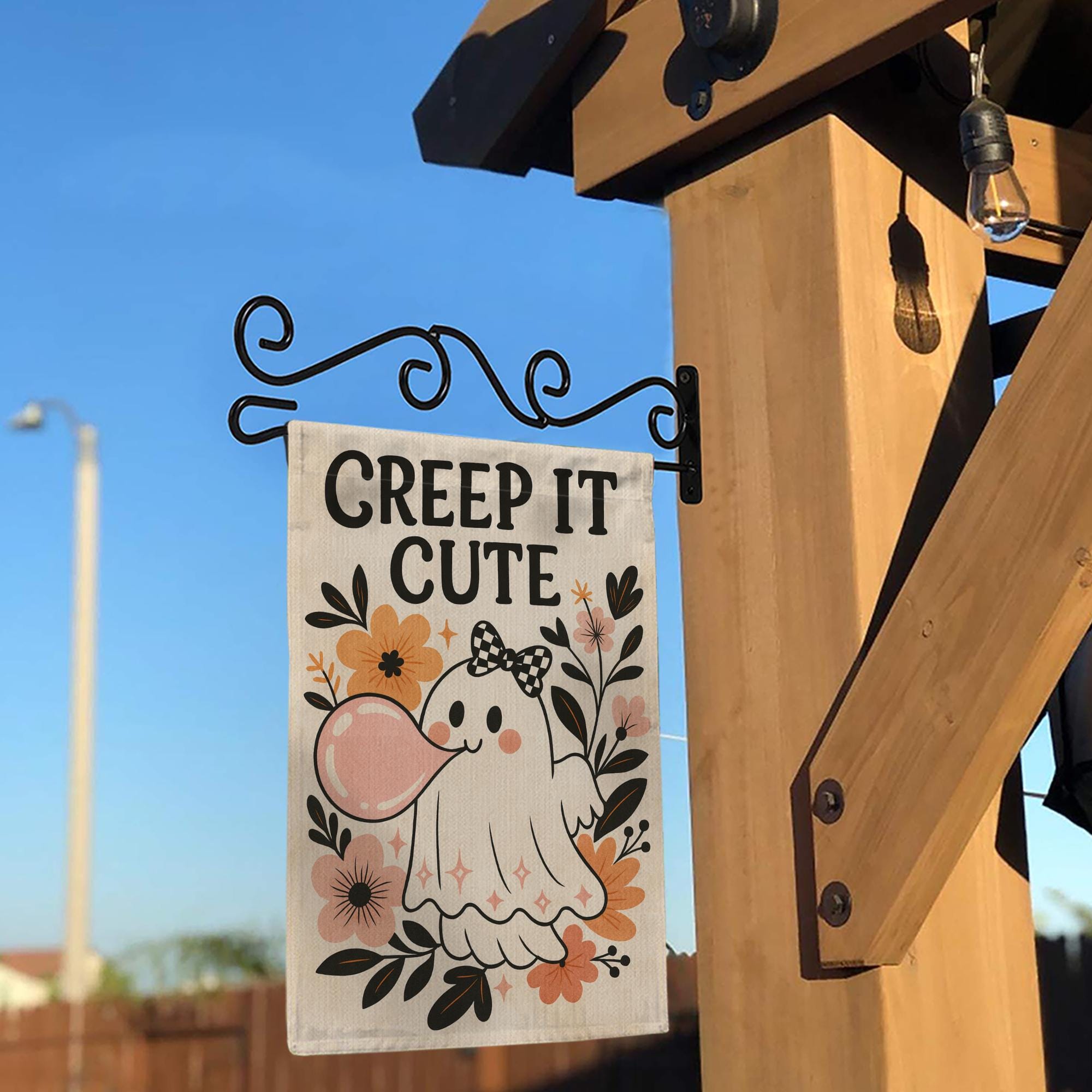 Creep It Cute Halloween Garden Flag – Adorable Ghost with Bow Outdoor Decor, Spooky Sweet Fall Yard Decoration for Trick or Treat, Autumn
